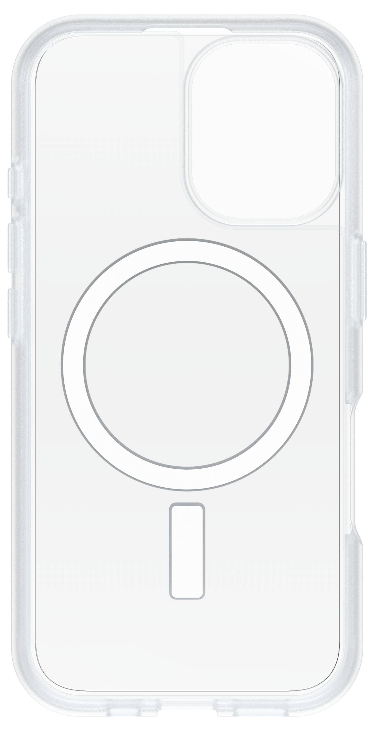 Przezroczyste etui na telefon z okrągłym designem MagSafe z tyłu, dopasowane do modelu smartfona z podwójnym wycięciem na obiektywy aparatu.