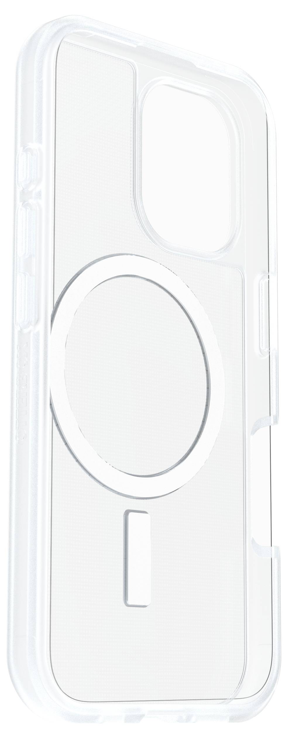 Przezroczyste etui na smartfona z okrągłym wycięciem, kompatybilne z modelami obsługującymi funkcję MagSafe. Przejrzysty i minimalistyczny design.