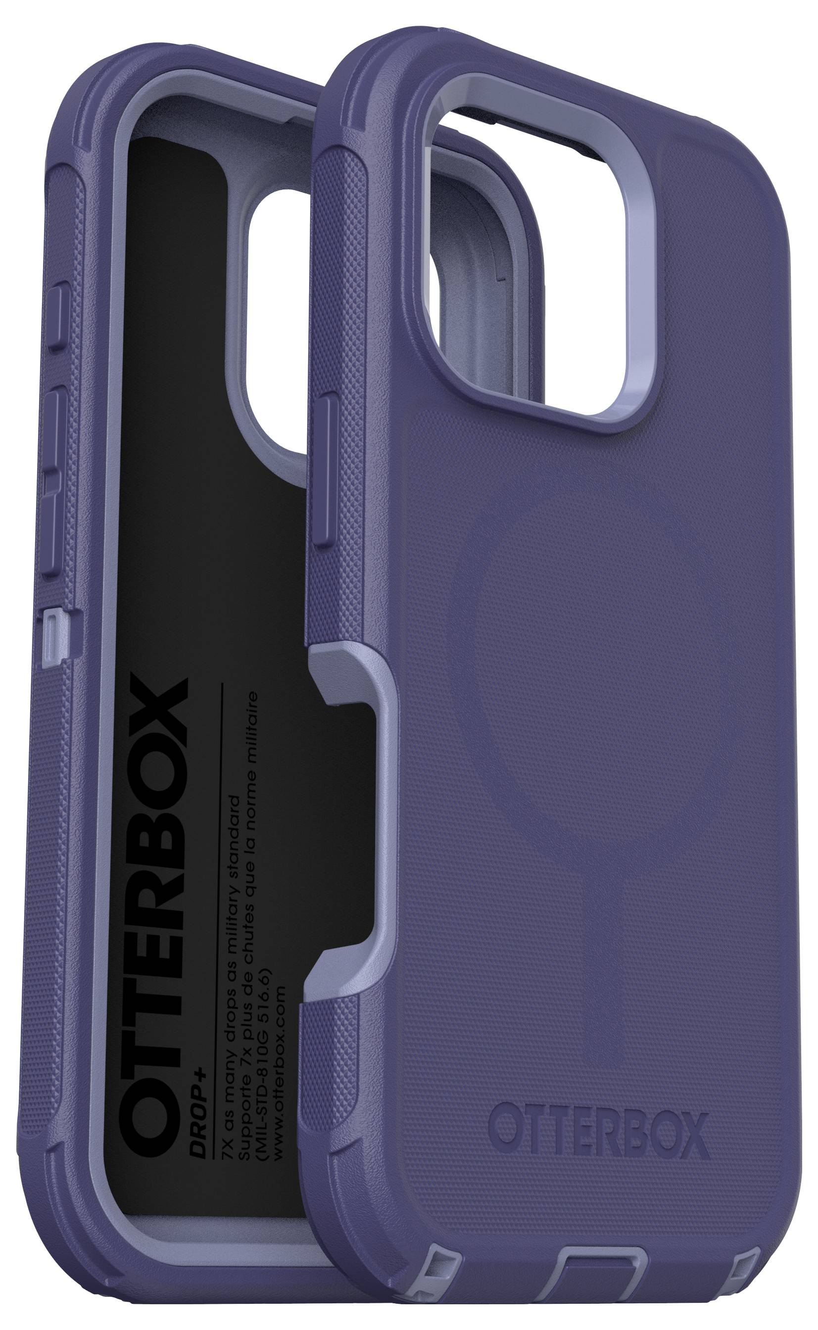 Etui Lila do smartfona z wzmocnionymi rogami, z logo OtterBox, przeznaczone dla iPhone'a. Stoi pionowo, lekko otwarte.