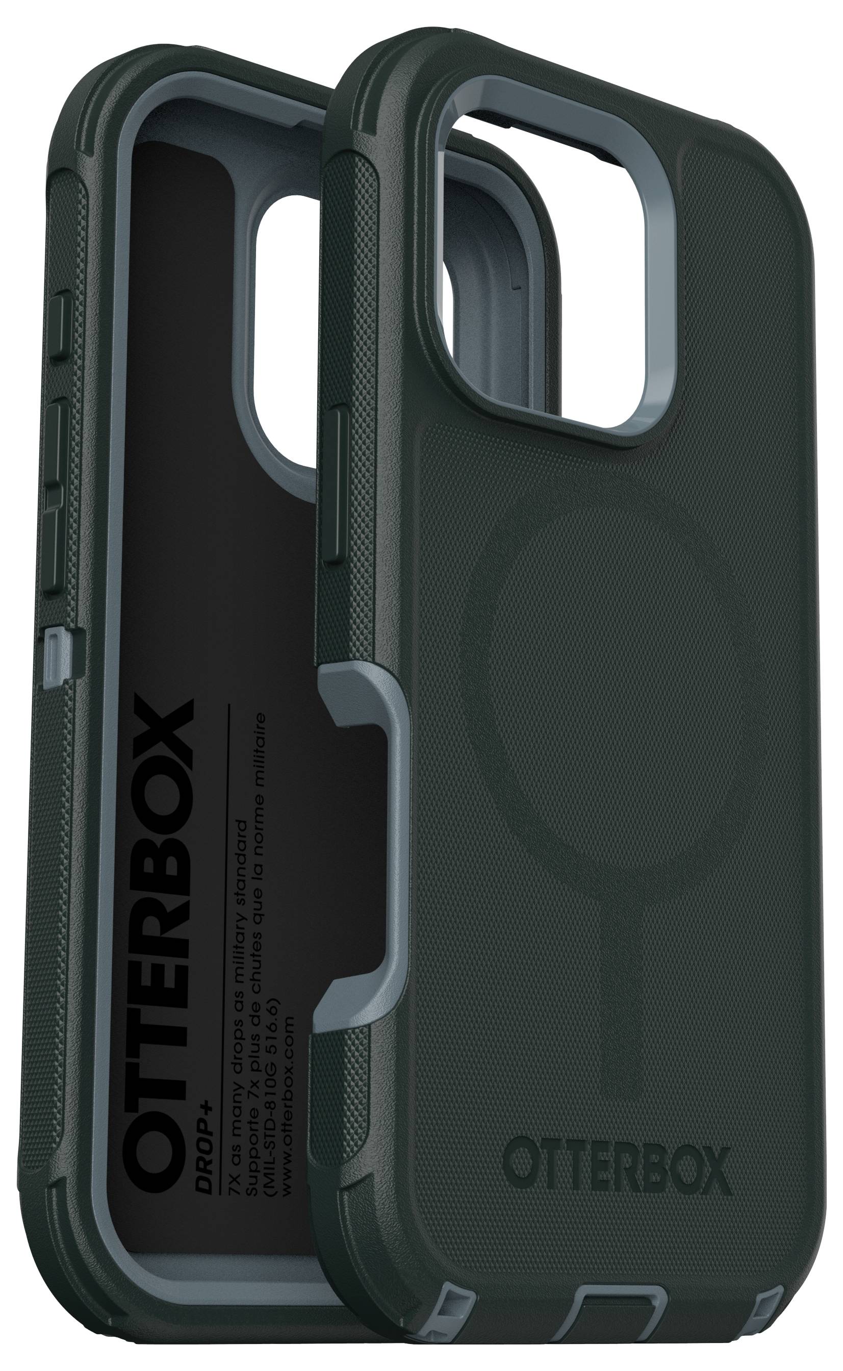 Etui ochronne z mocowaniem MagSafe do smartfonów, wytrzymała konstrukcja, ciemnozielone. Nazwa marki i logo widoczne wewnątrz.