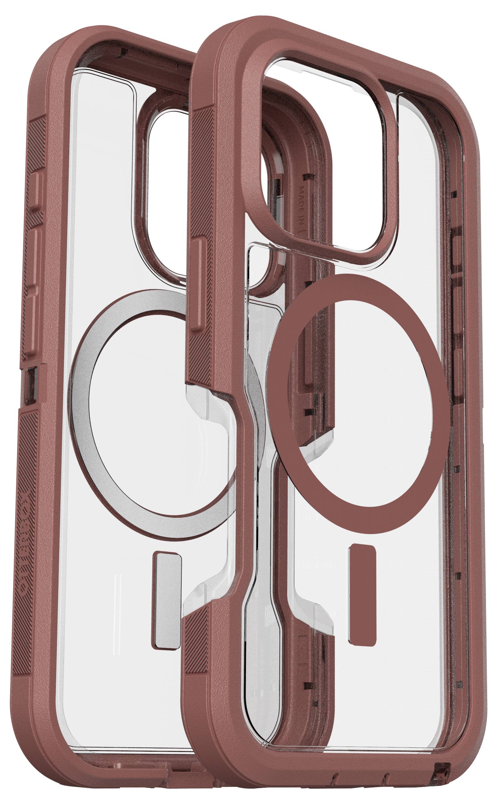 Czerwone etui na telefon z przezroczystą tylną częścią i okrągłym symbolem magnetycznym. Wytrzymałe, skutecznie chroni urządzenie przed wstrząsami.