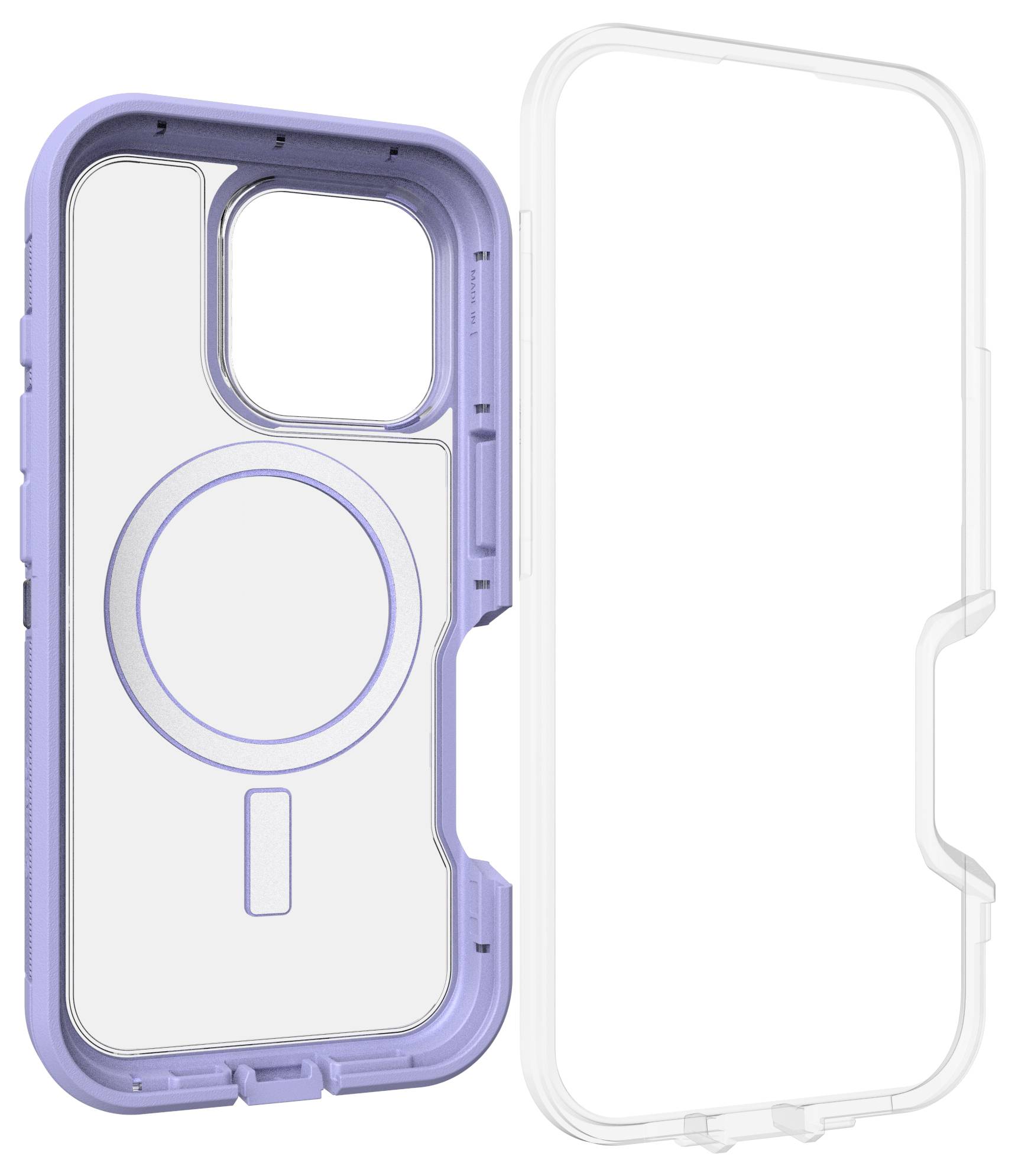 Przezroczyste etui na smartfona z fioletową ramką, specjalnie zaprojektowane dla ochrony aparatu. Zawiera wbudowane magnesy do podłączenia akcesoriów.