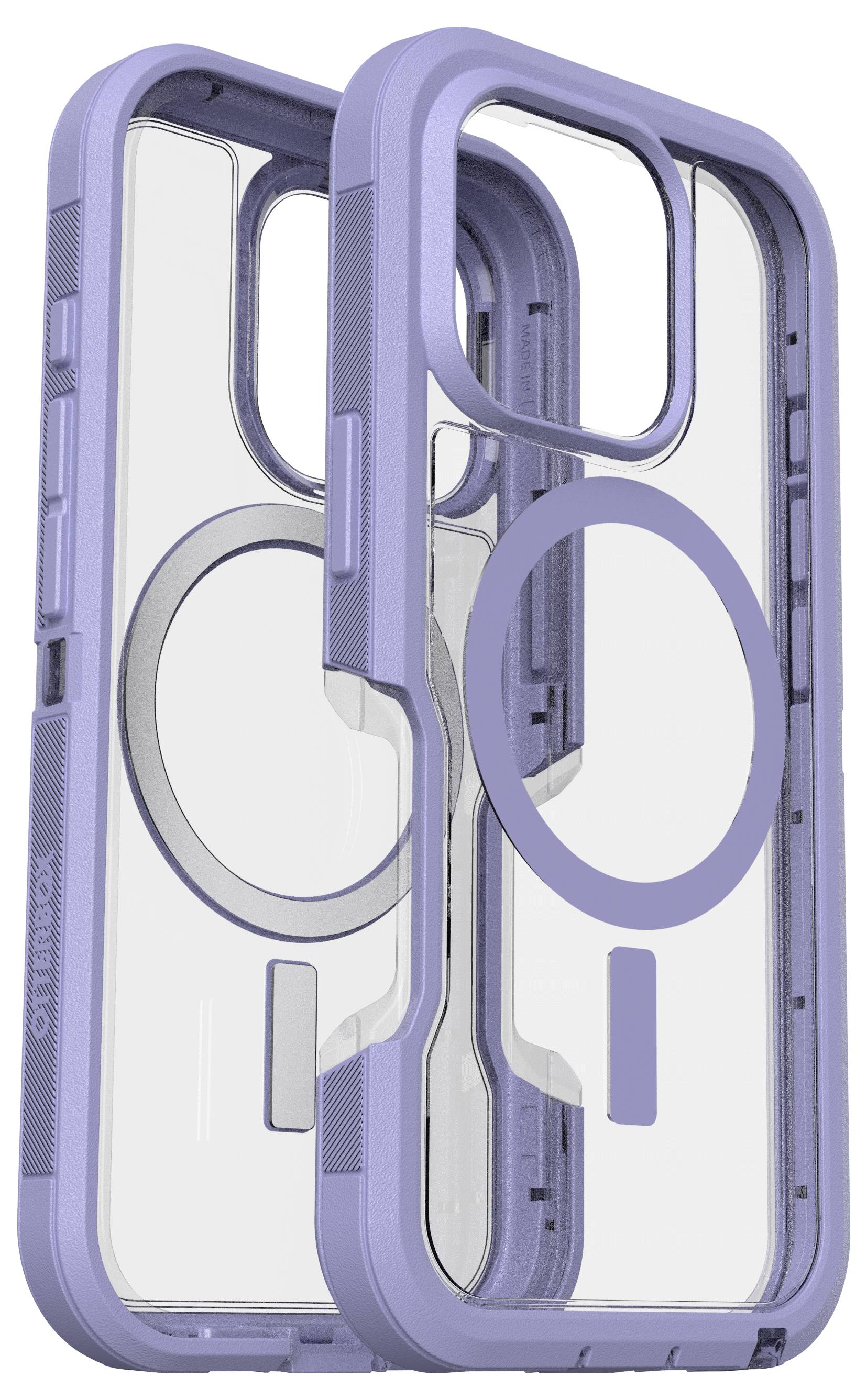 Etui ochronne do smartfona, przezroczyste z fioletowymi akcentami i okrągłą, fioletową magnetyczną podstawką.