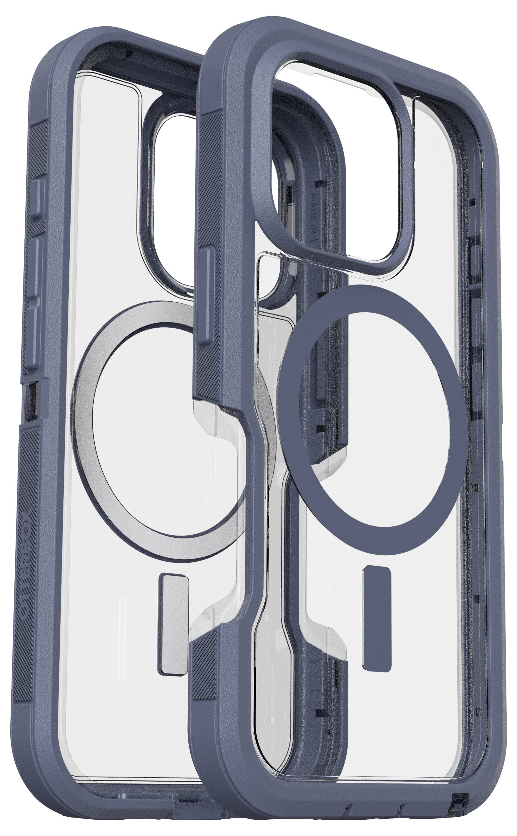 Dwie przezroczyste obudowy na smartfony z ciemnoniebieskim obramowaniem, prezentujące kompatybilność z MagSafe za pomocą okrągłych oznaczeń.