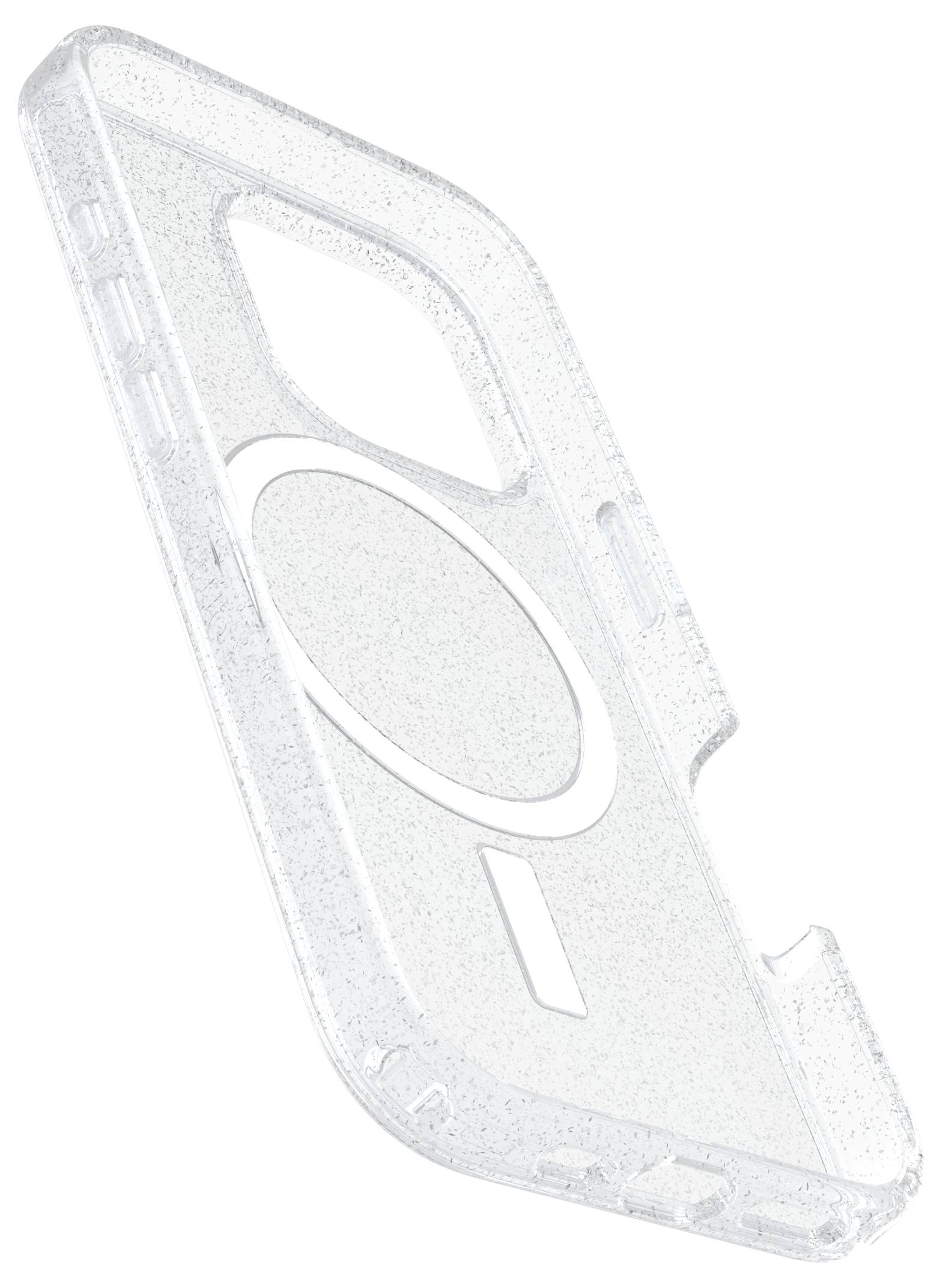 Przezroczyste etui na telefon z brokatem, z wyciętymi otworami na aparat i port ładowania. Stylowy design dla smartfonów.