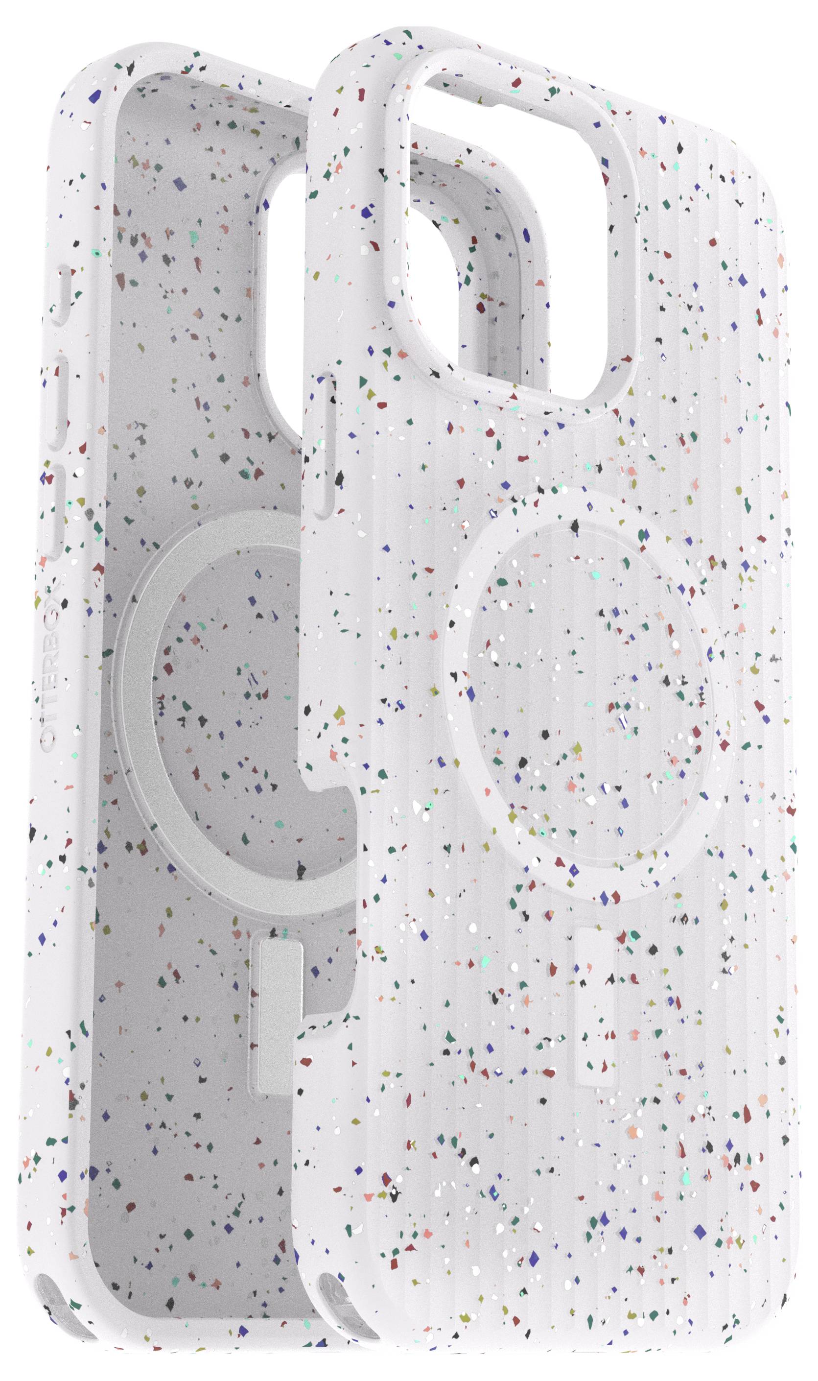 Dwie etui na telefon wykonane z białego materiału z kolorowymi plamkami, ułożone jedna na drugiej. Posiadają okrągłe wycięcie.