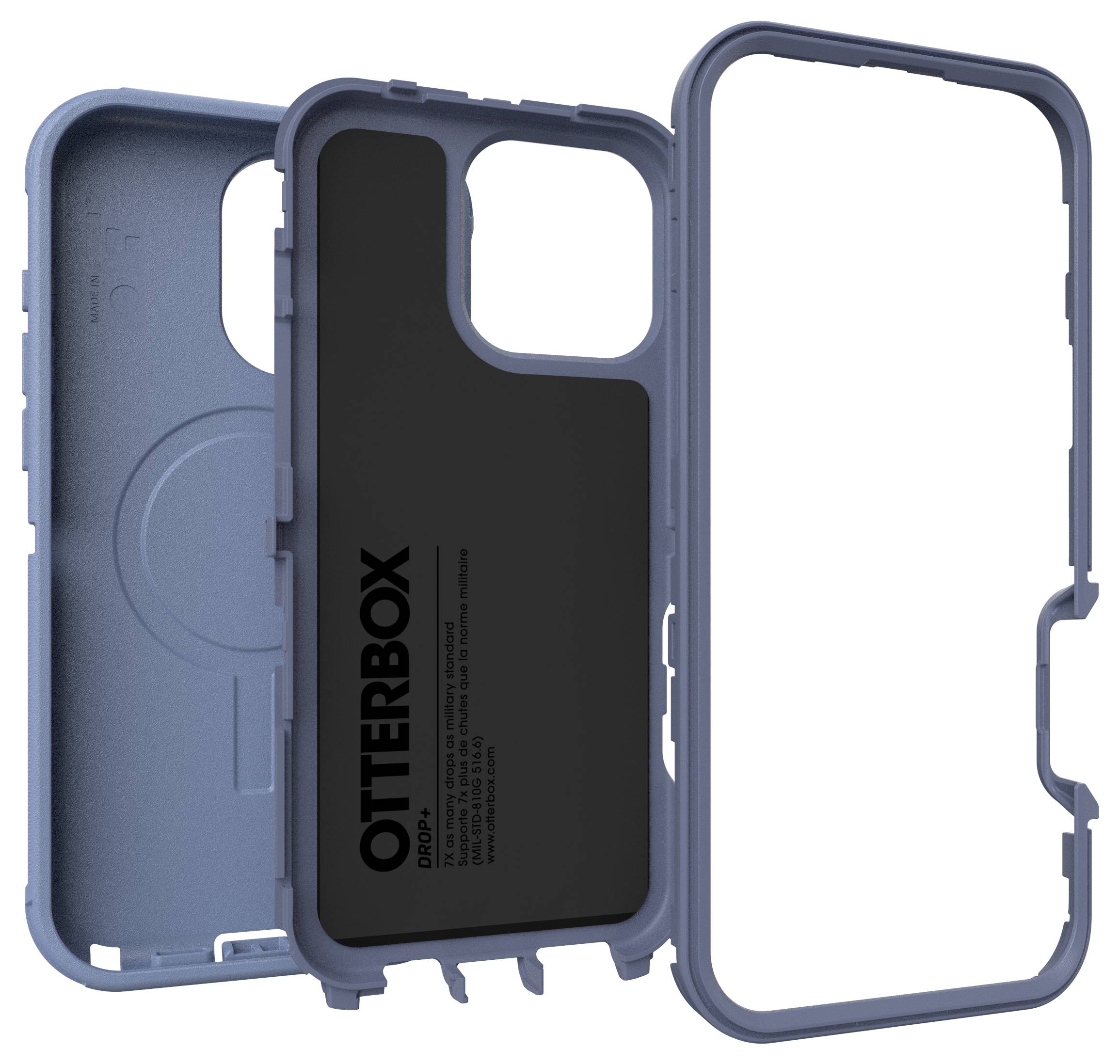 Dwie etui Otterbox: niebieskie od wewnątrz z okrągłym wycięciem oraz czarne na zewnątrz z napisem 'OTTERBOX'.