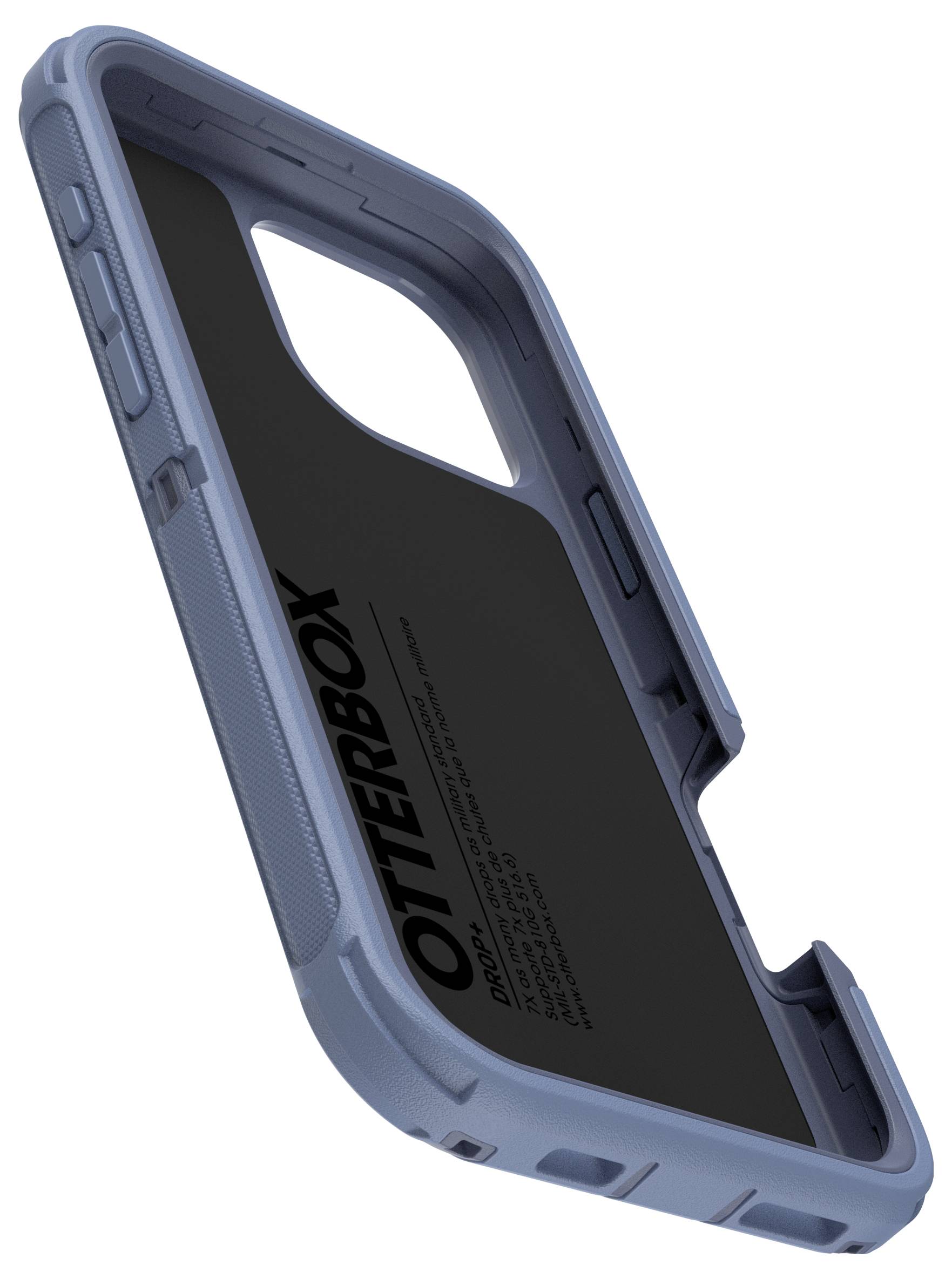 Niebieskie etui na telefon marki OtterBox, otwarte z boku, prezentuje solidną budowę i właściwości ochronne.