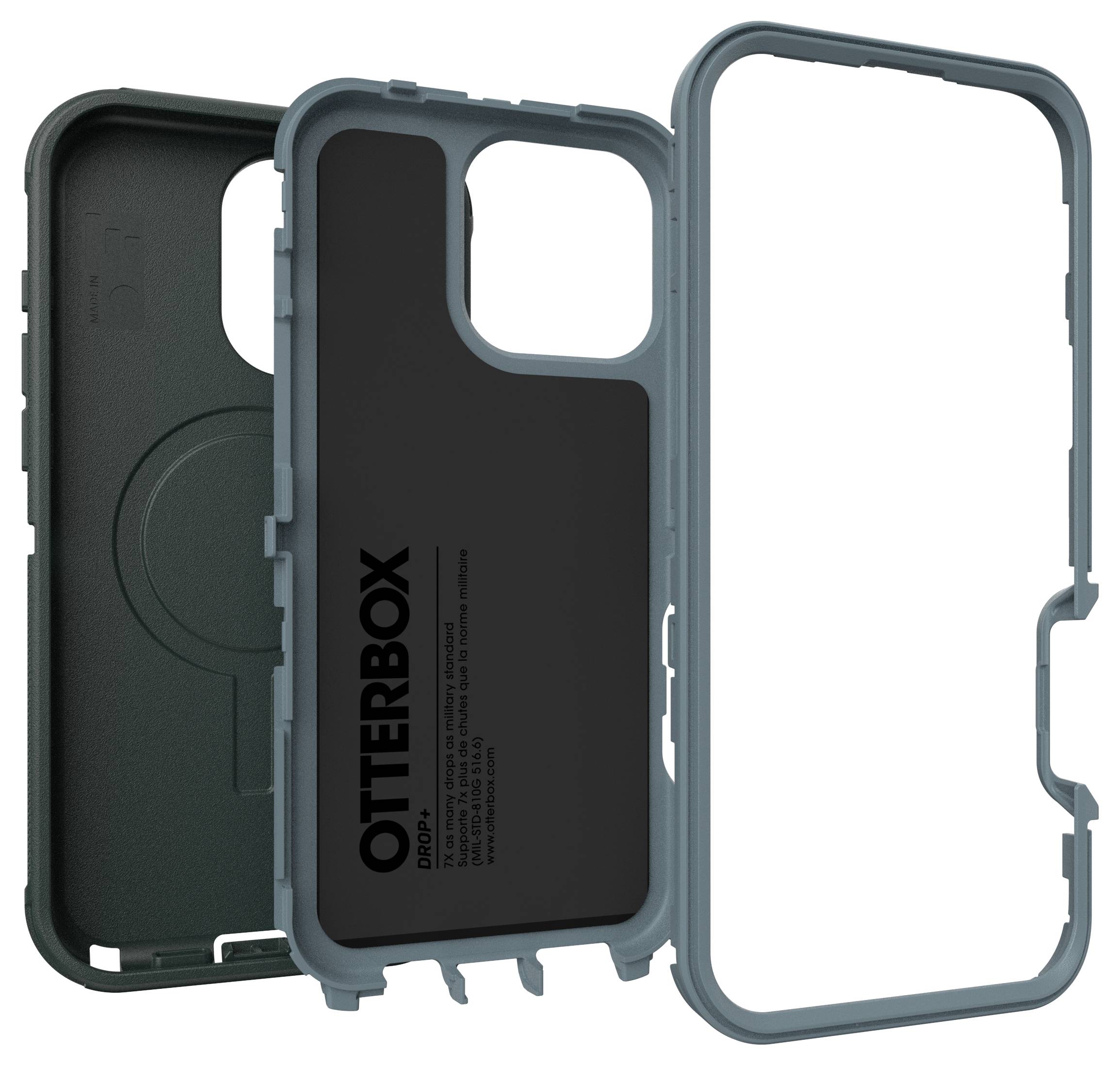 Przezroczyste etui na telefon w trzech warstwach: warstwa zewnętrzna w kolorze niebieskim, warstwa środkowa czarna z logo Otterbox, przezroczysta warstwa wewnętrzna.