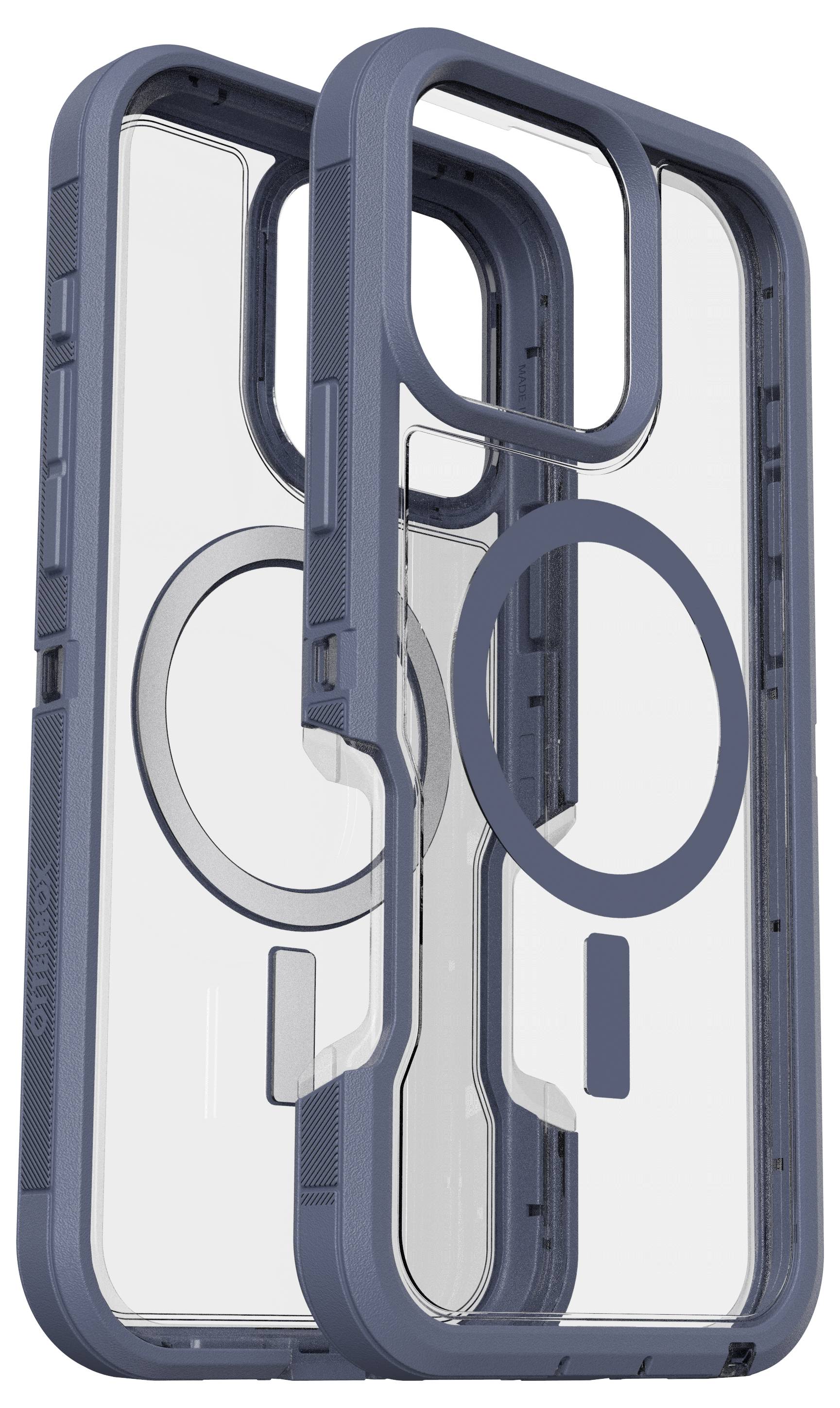 Dwie przezroczyste obudowy na smartfony z niebieskim obramowaniem; widoczne wycięcie na aparat i okrągły design, prawdopodobnie do ładowania bezprzewodowego.