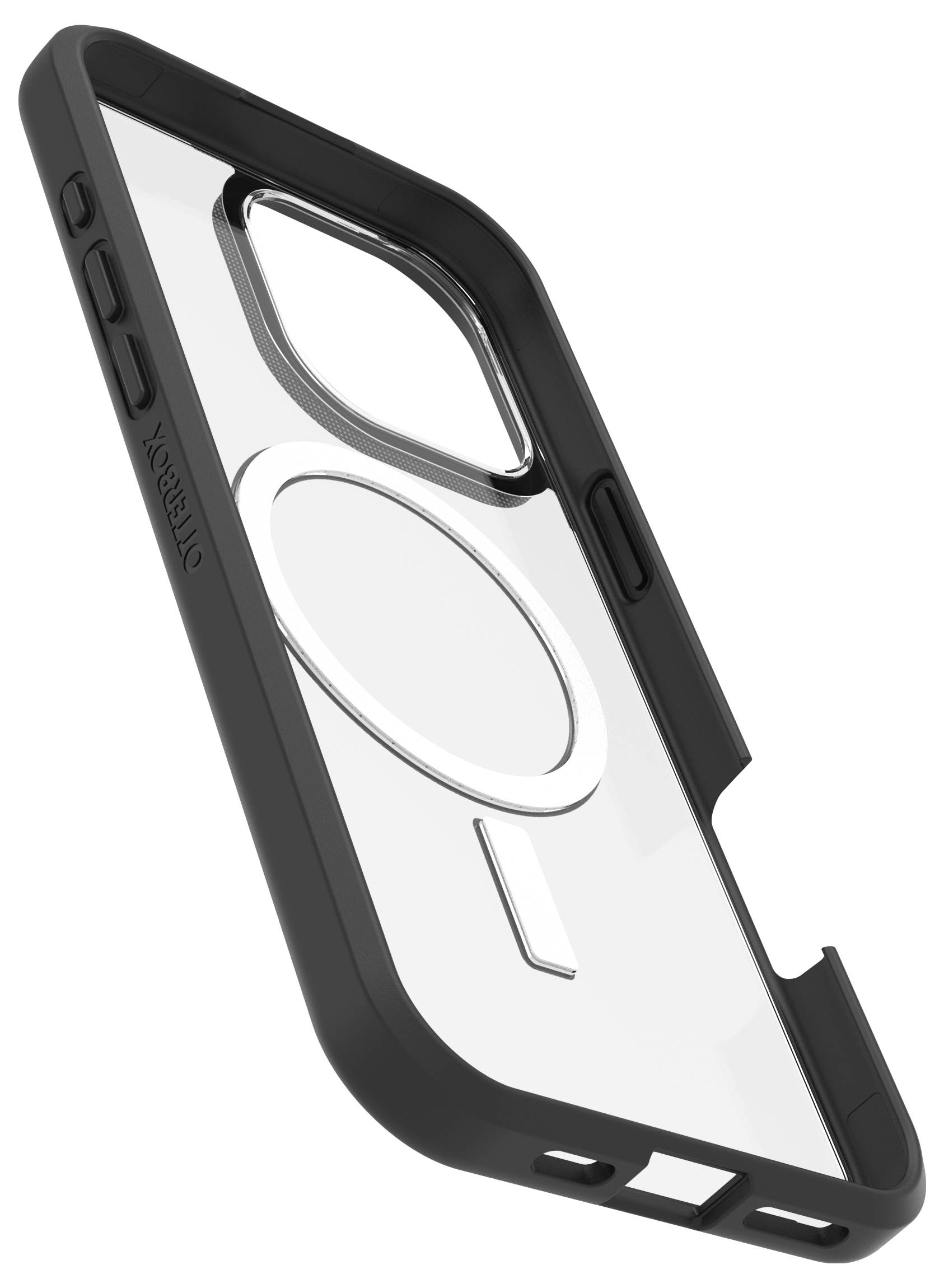 Przezroczysta obudowa do smartfona z czarną ramką, kompatybilna z modelami obsługującymi MagSafe. Chroni tylną część oraz krawędzie.