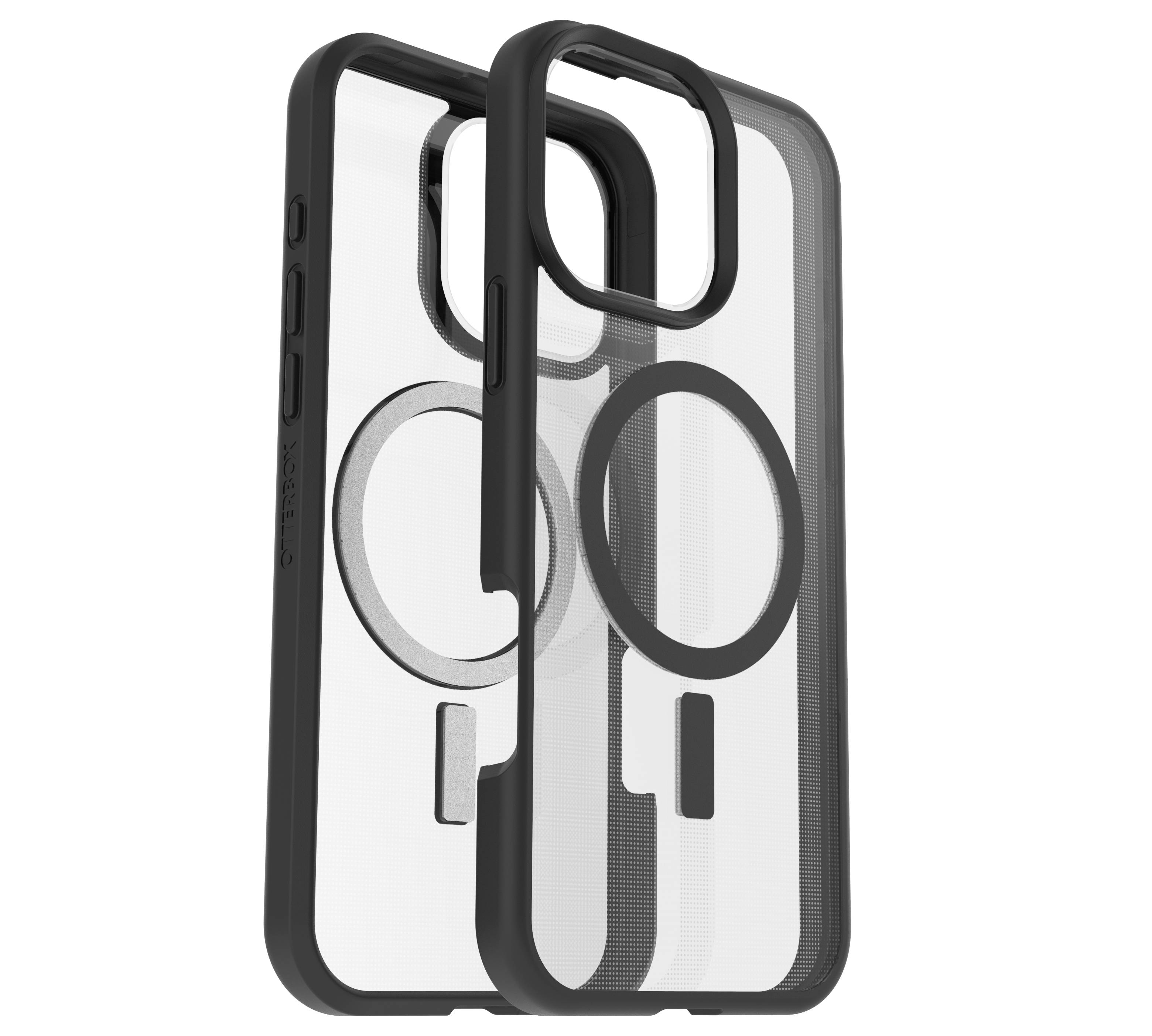 Przezroczyste etui na telefon z czarną ramką, ukazujące wewnętrzne mocowanie MagSafe w kształcie koła.