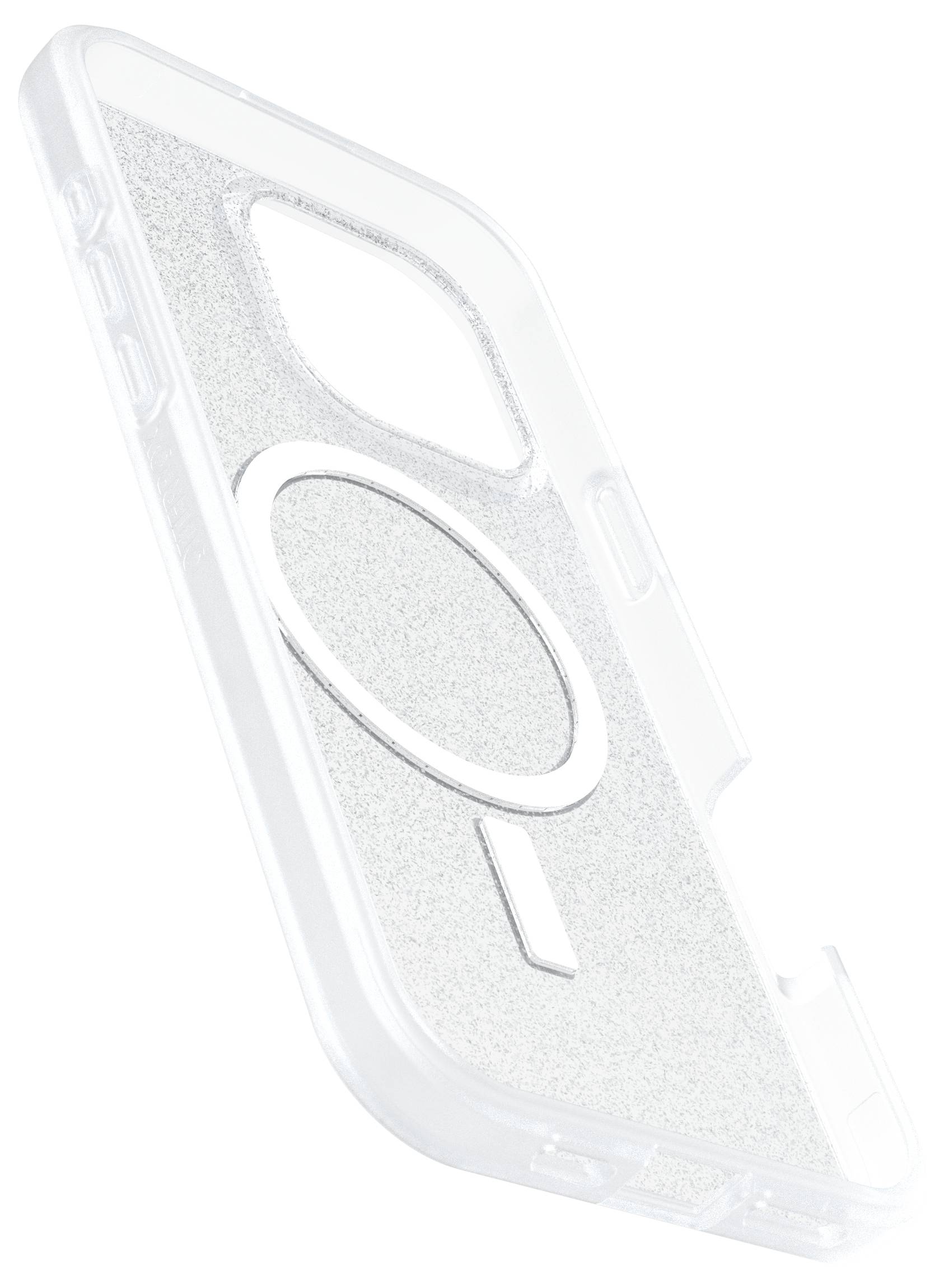 Przezroczyste etui na telefon z okrągłym elementem magnetycznym na tylnej stronie, przeznaczone dla smartfona z podwójnym obiektywem aparatu.