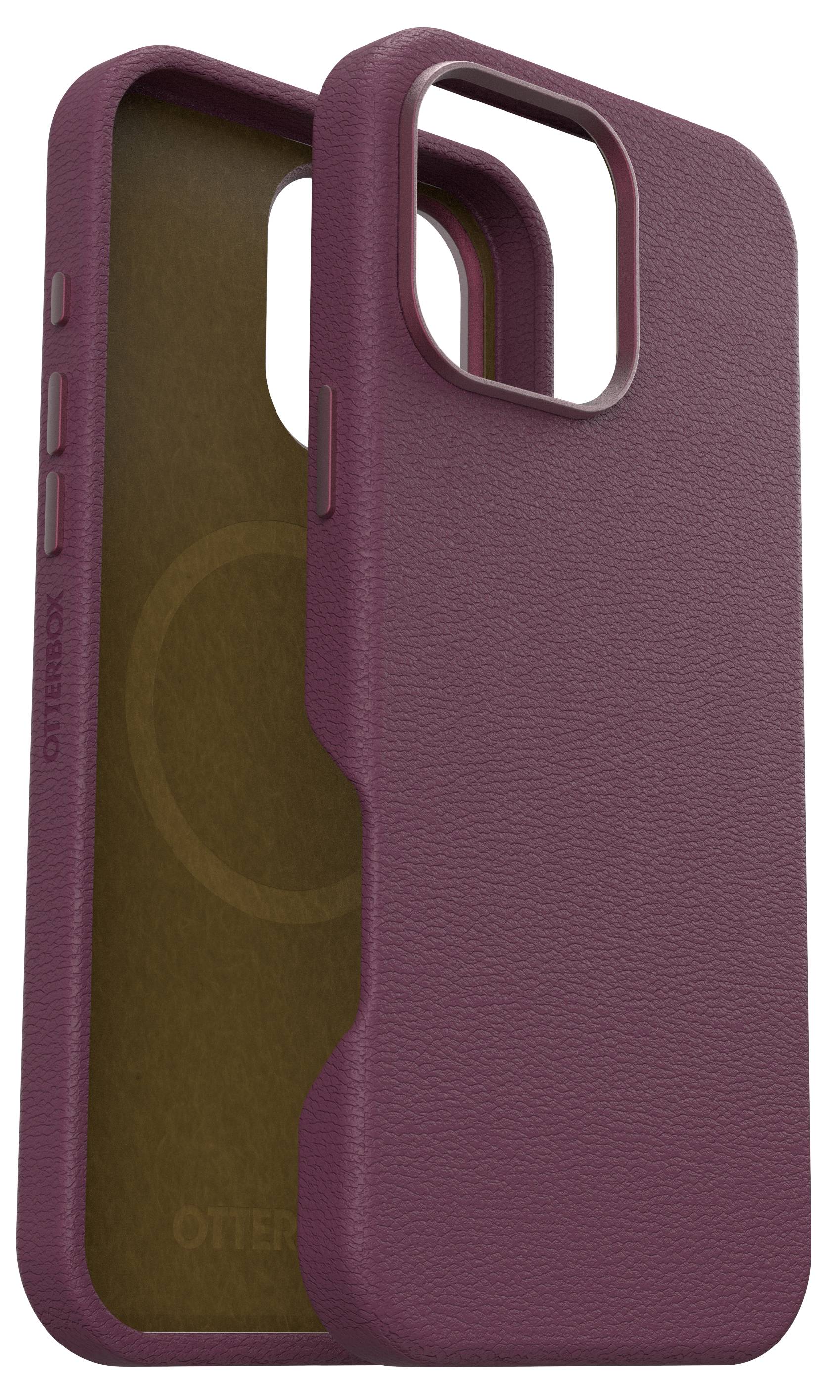 'Fioletowe etui na telefon ze skóry firmy Otterbox, składające się z dwóch części: obudowy zewnętrznej z guzikami oraz wewnętrznej części stabilizującej.'