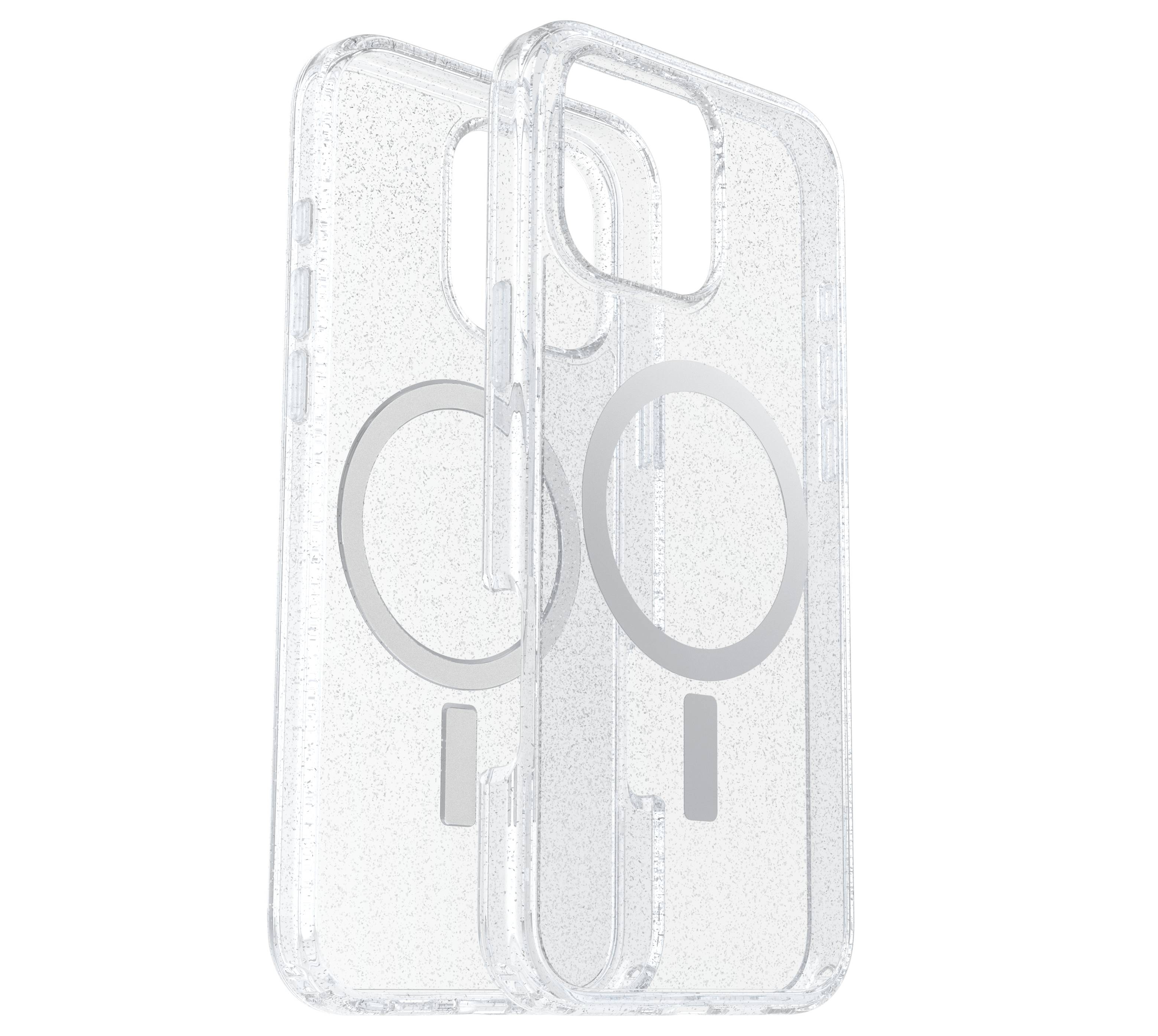 Dwie przezroczyste obudowy do telefonu z okrągłym wzorem MagSafe, ułożone jedna za drugą.