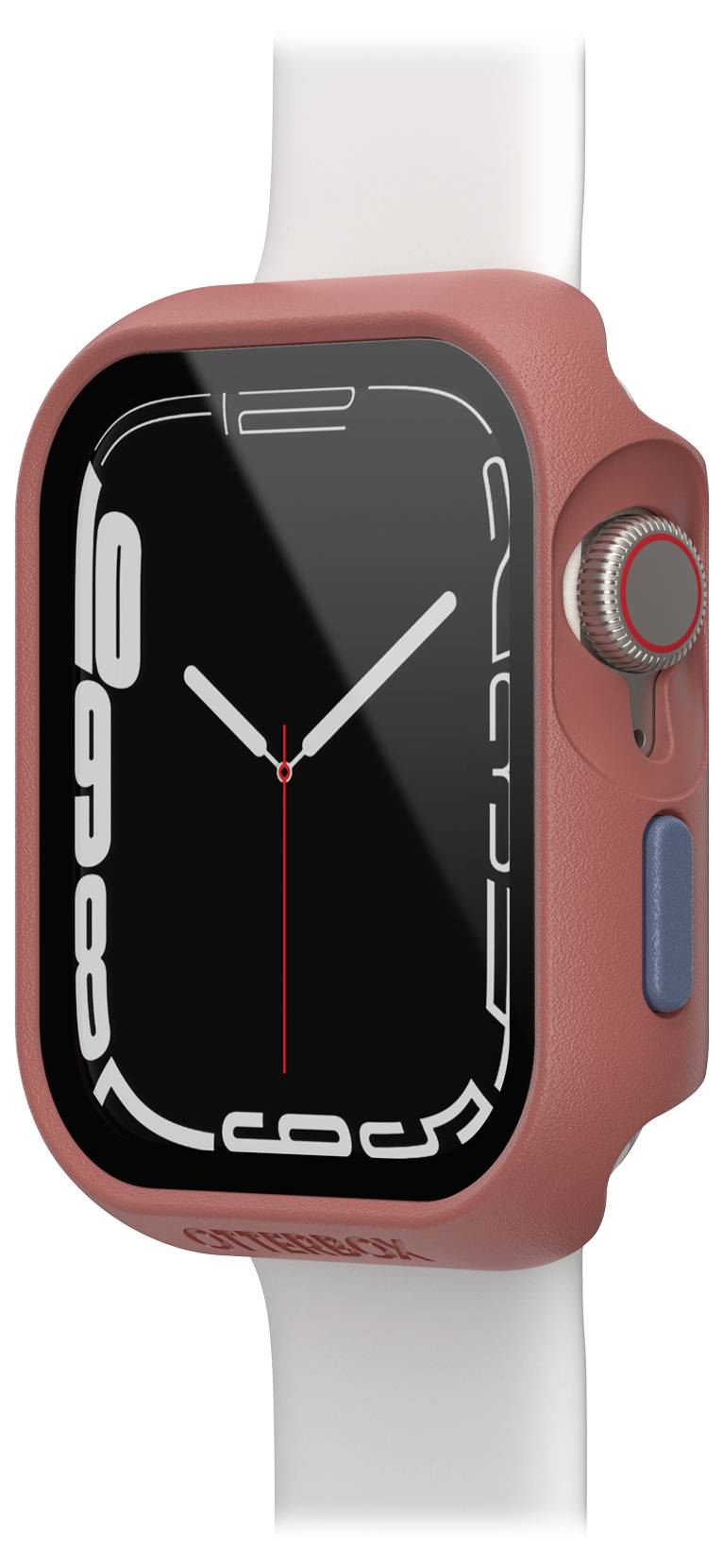 Smartwatch z czerwoną kopertą i białym paskiem. Na ekranie wyświetlana jest analogowa godzina z białymi cyframi.