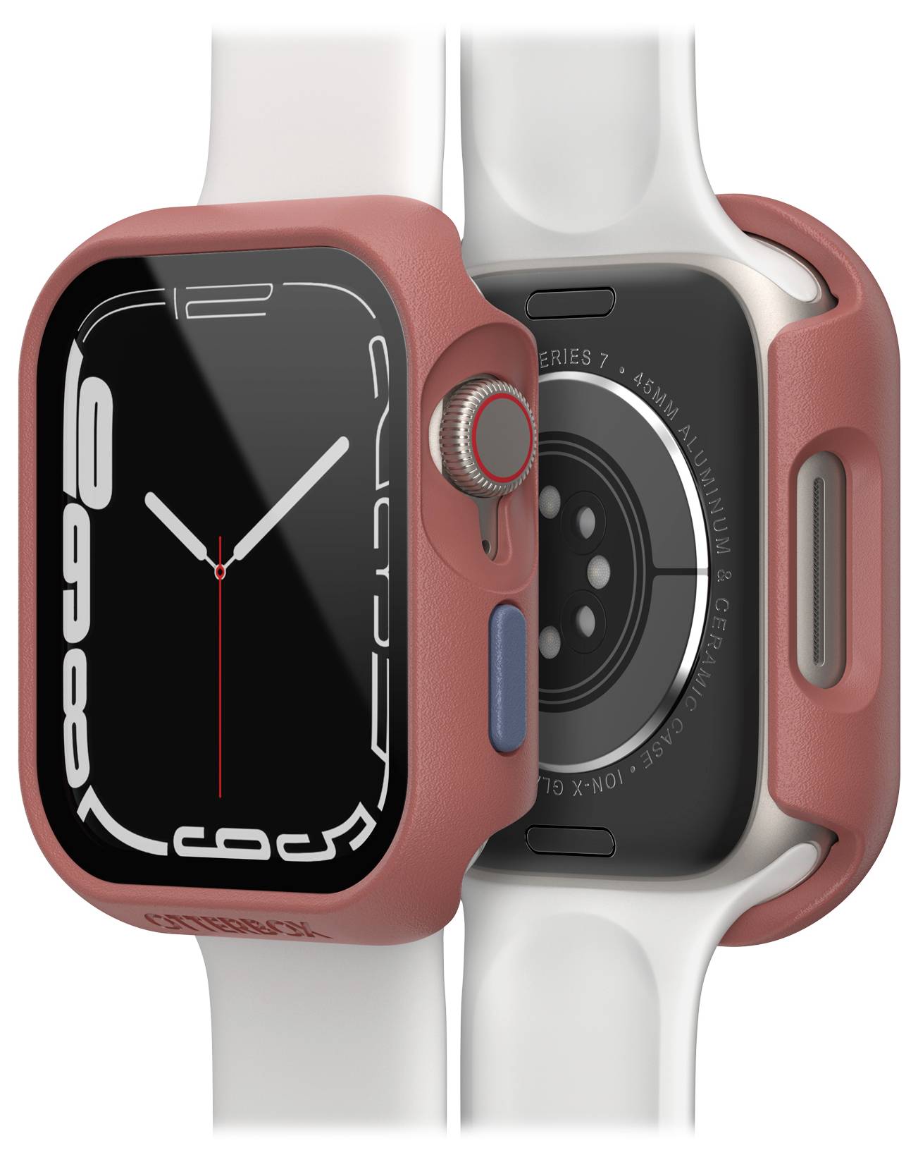 Smartwatch z czerwoną obudową ochronną, czarną tarczą zegarową z cyframi arabskimi, z tyłu wyposażona w czujniki do monitorowania zdrowia.