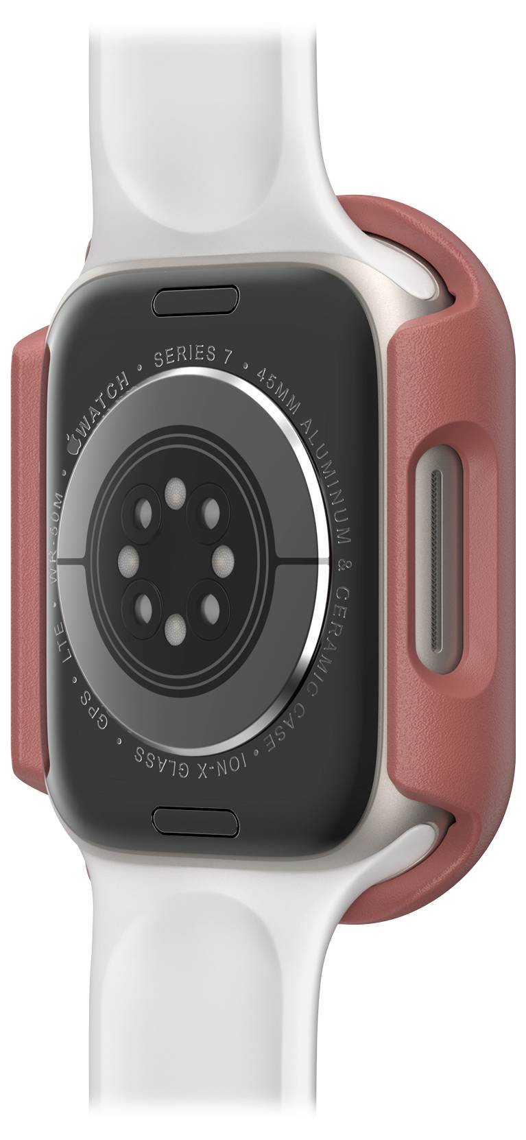 Tylna strona smartwatcha z białym paskiem i czerwoną obudową. Widoczny jest czujnik tętna oraz informacje o serii.