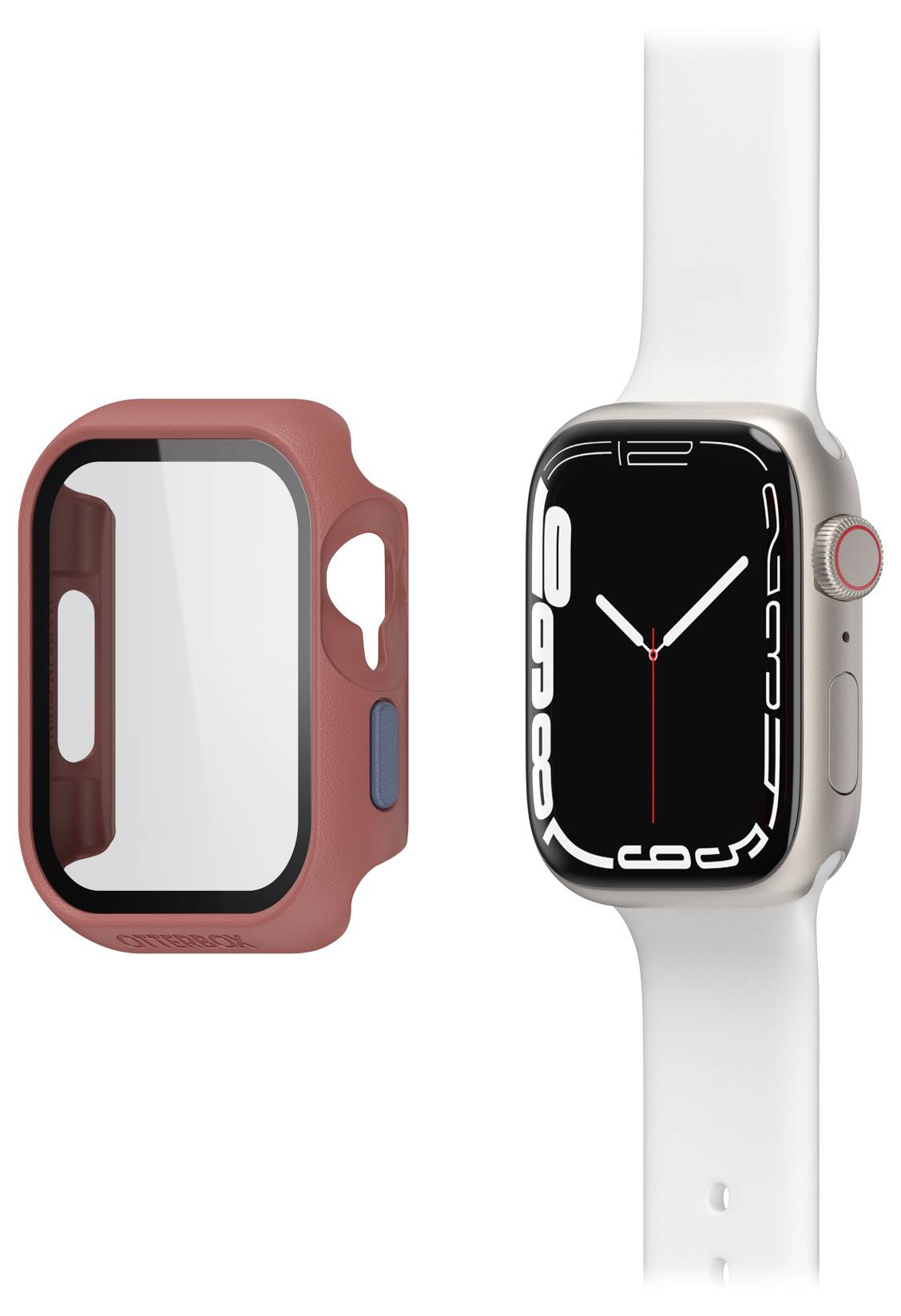 Biały smartwatch z cyfrowym wyświetlaczem, obok którego znajduje się zdejmowana, czerwona osłona obudowy.