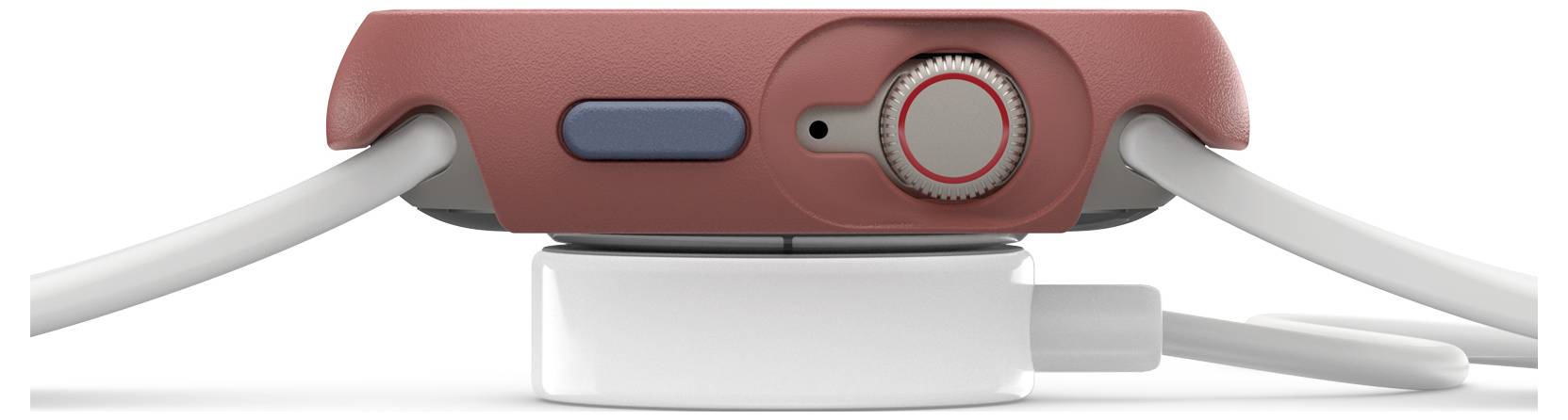 Widok z boku nowoczesnego zegarka w kolorze czerwonym z cyfrowym pokrętłem i niebieskim przyciskiem, spoczywającym na okrągłej ładowarce.