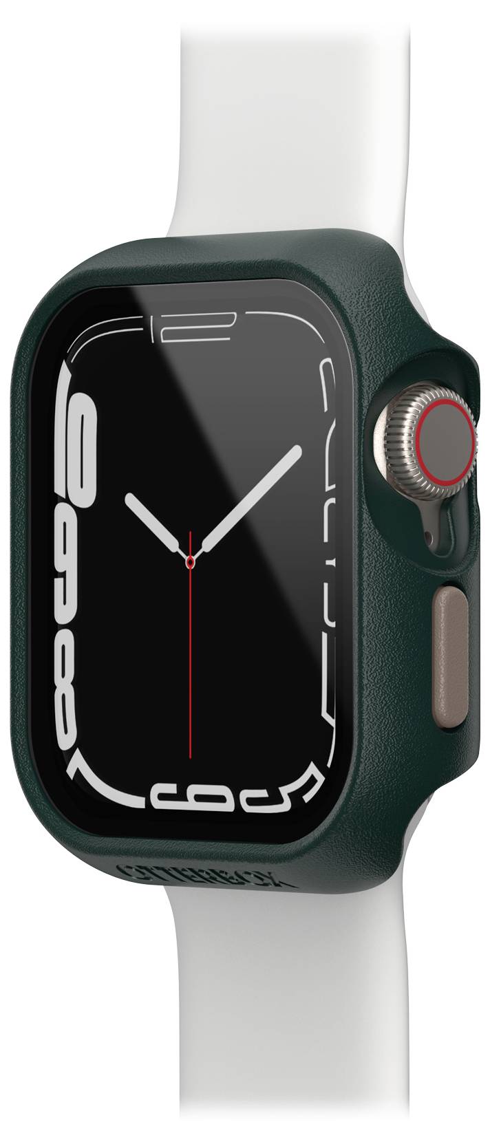 Czarny smartwatch z białym paskiem, wyświetlający godzinę białymi wskazówkami na czarnym ekranie. Wyrazisty design z czerwoną koronką.