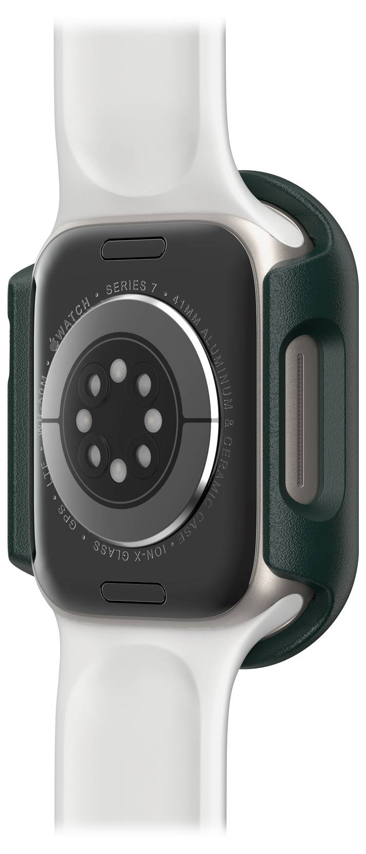 Tylna strona smartwatcha w zbliżeniu z widocznymi sensorami i białym paskiem.