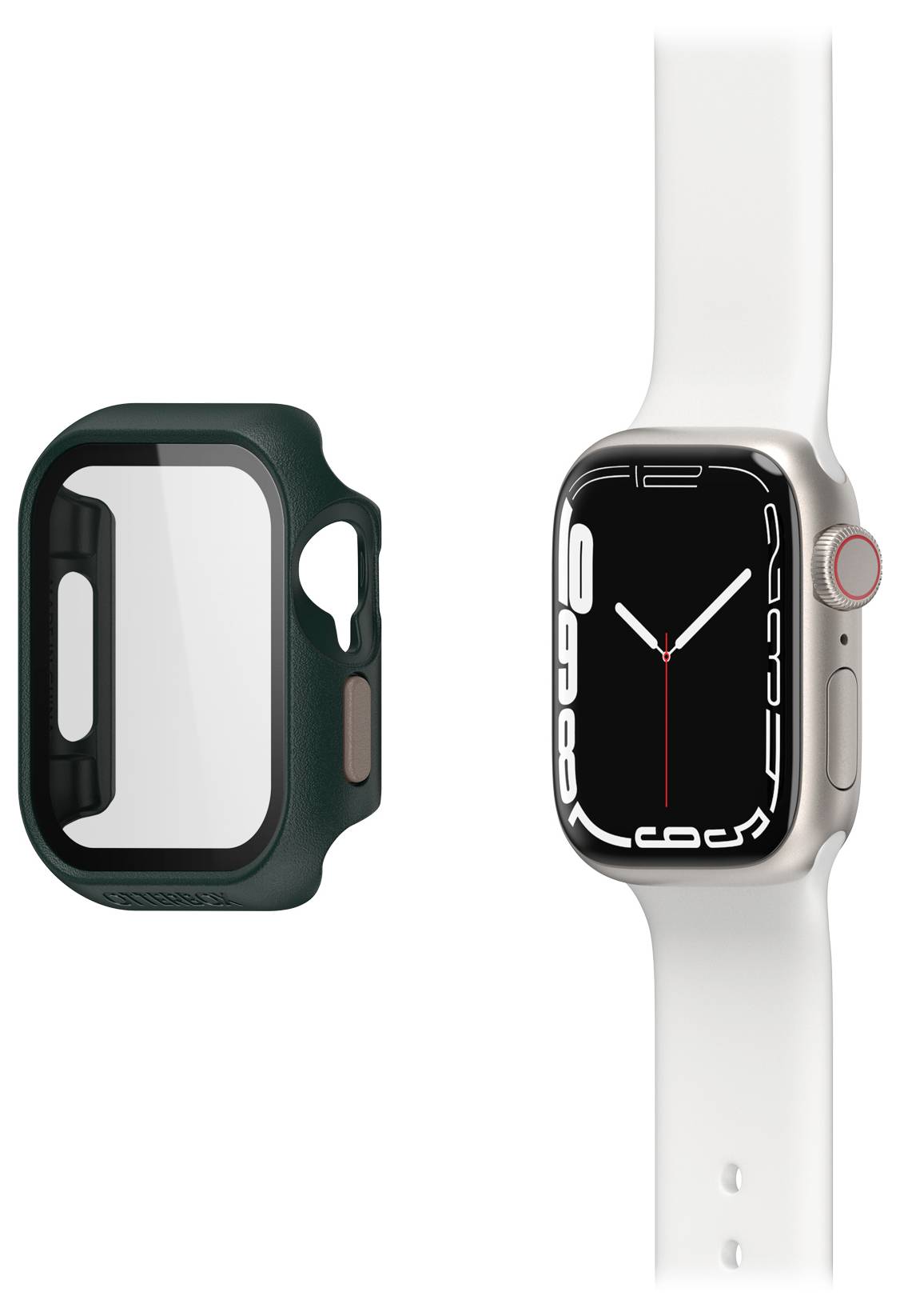 Smartwatch z białym paskiem i wyświetlaczem cyfrowym obok zielonego etui ochronnego, które może ją otulać.