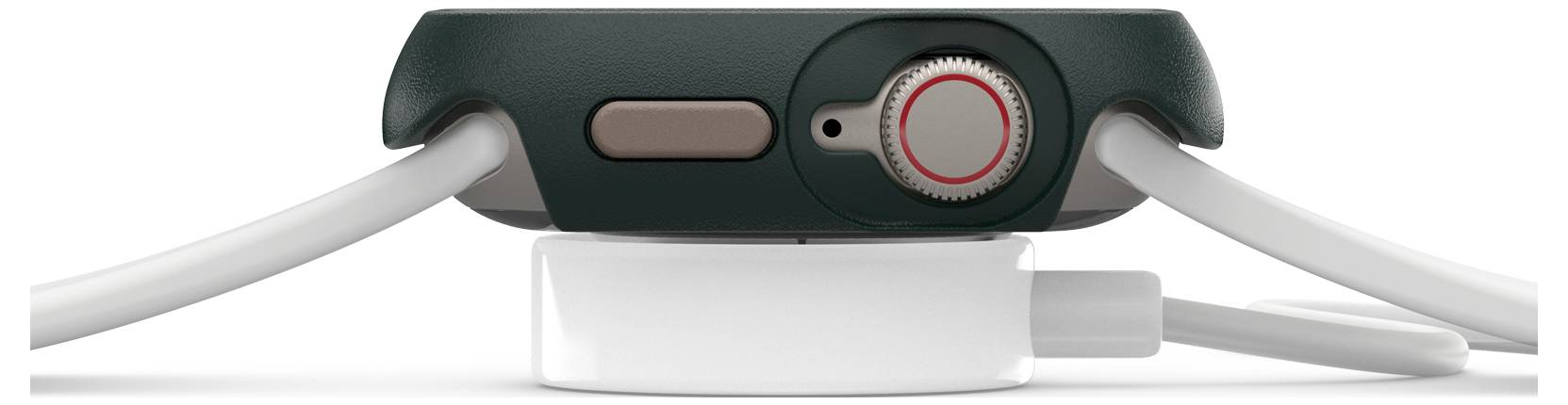 Widok z boku czarnej obudowy smartwatcha z czerwonym pierścieniem, spoczywającej na okrągłej białej ładowarce.