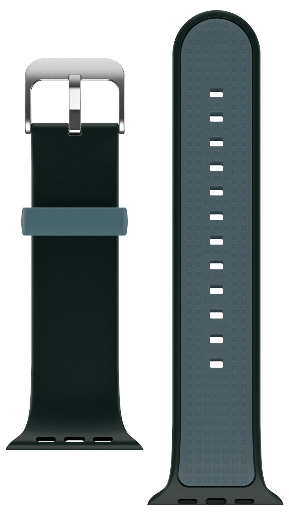 Ciemnozielony pasek do zegarka z gumy z metalową klamrą i wieloma otworami do regulacji rozmiaru, przedstawiony z dwóch perspektyw.