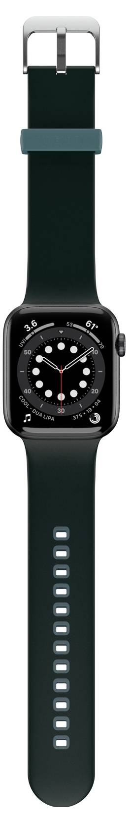 Czarny smartwatch z okrągłą tarczą, czarnym paskiem i srebrną klamrą, wyświetlający czas analogowy.