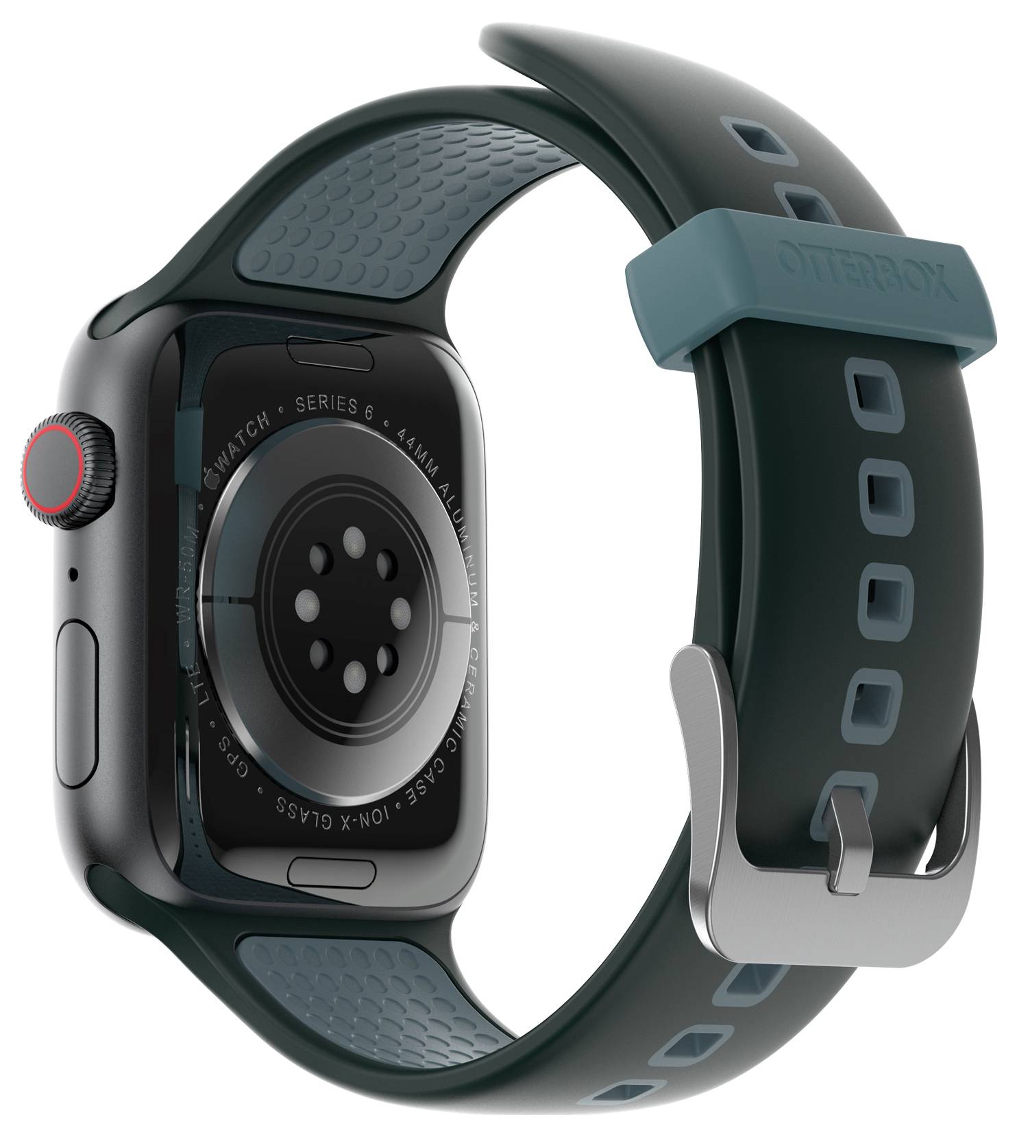 Smartwatch z czarną kopertą, szaro-melanżowym paskiem i czerwonym akcentem na koronie, widok od tyłu z widocznymi czujnikami.