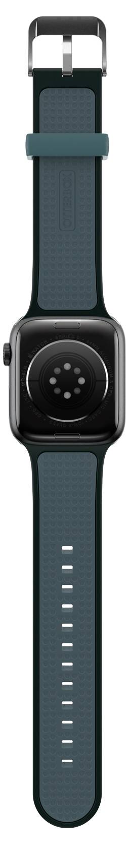 Smartwatch z ciemnoniebieskim paskiem i prostokątną tarczą. Pasek posiada kilka otworów do regulacji.