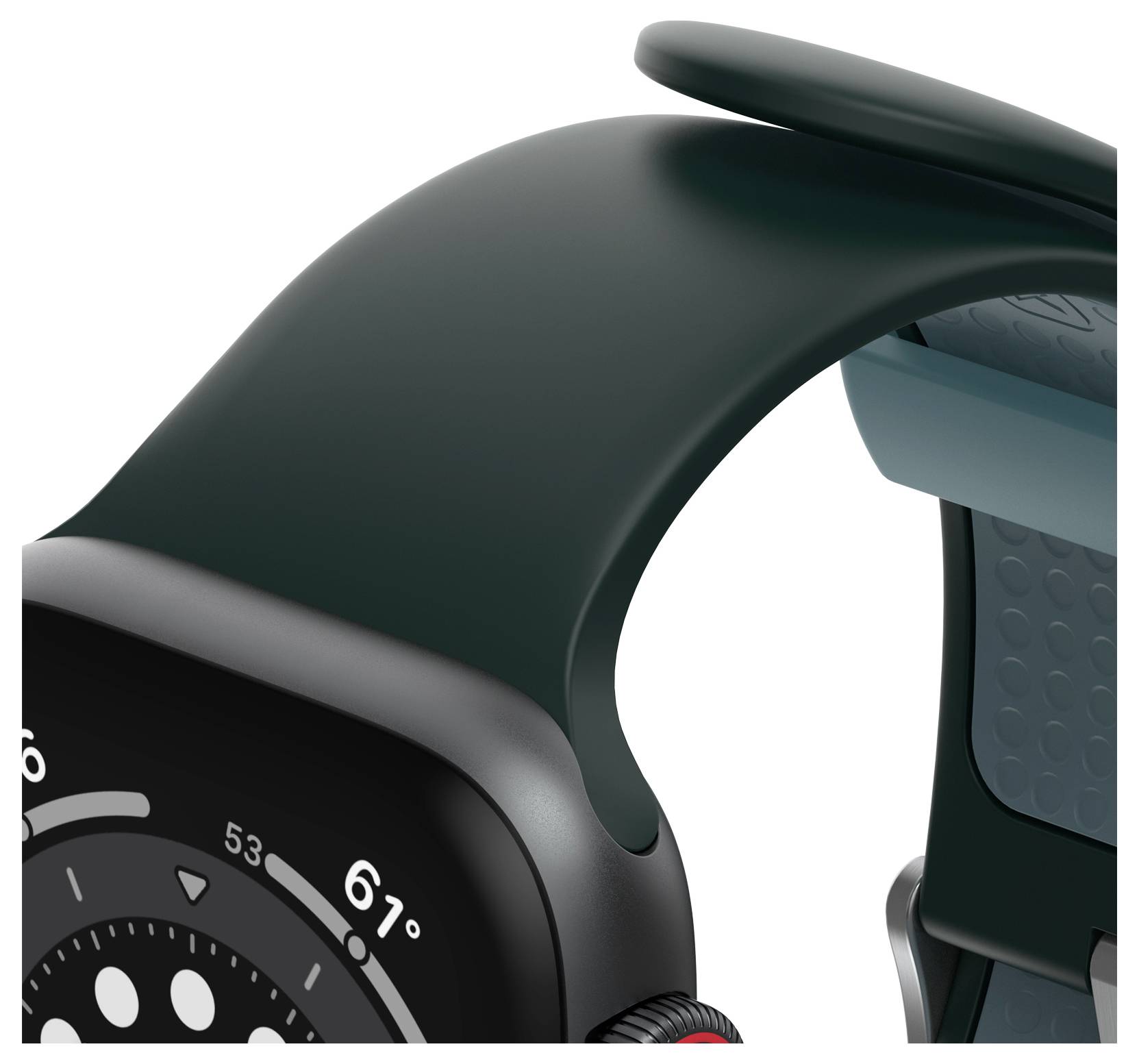 Zbliżenie ciemnozielonego smartwatcha z zaokrąglonym ekranem i elastyczną opaską. Na wyświetlaczu widoczna jest temperatura 67 stopni.