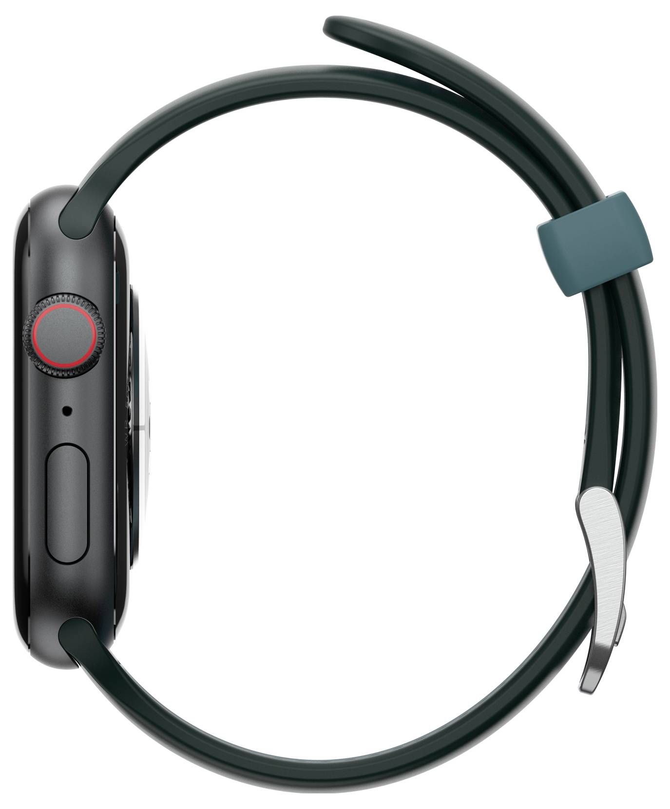 Widok z boku czarnego smartwatcha z zielonym paskiem, prezentujący okrągłą tarczę zegarową i czerwony przycisk akcentujący.