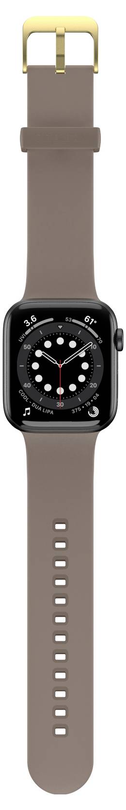 Smartwatch z brązowym paskiem i czarną tarczą wyświetla aktualny czas.