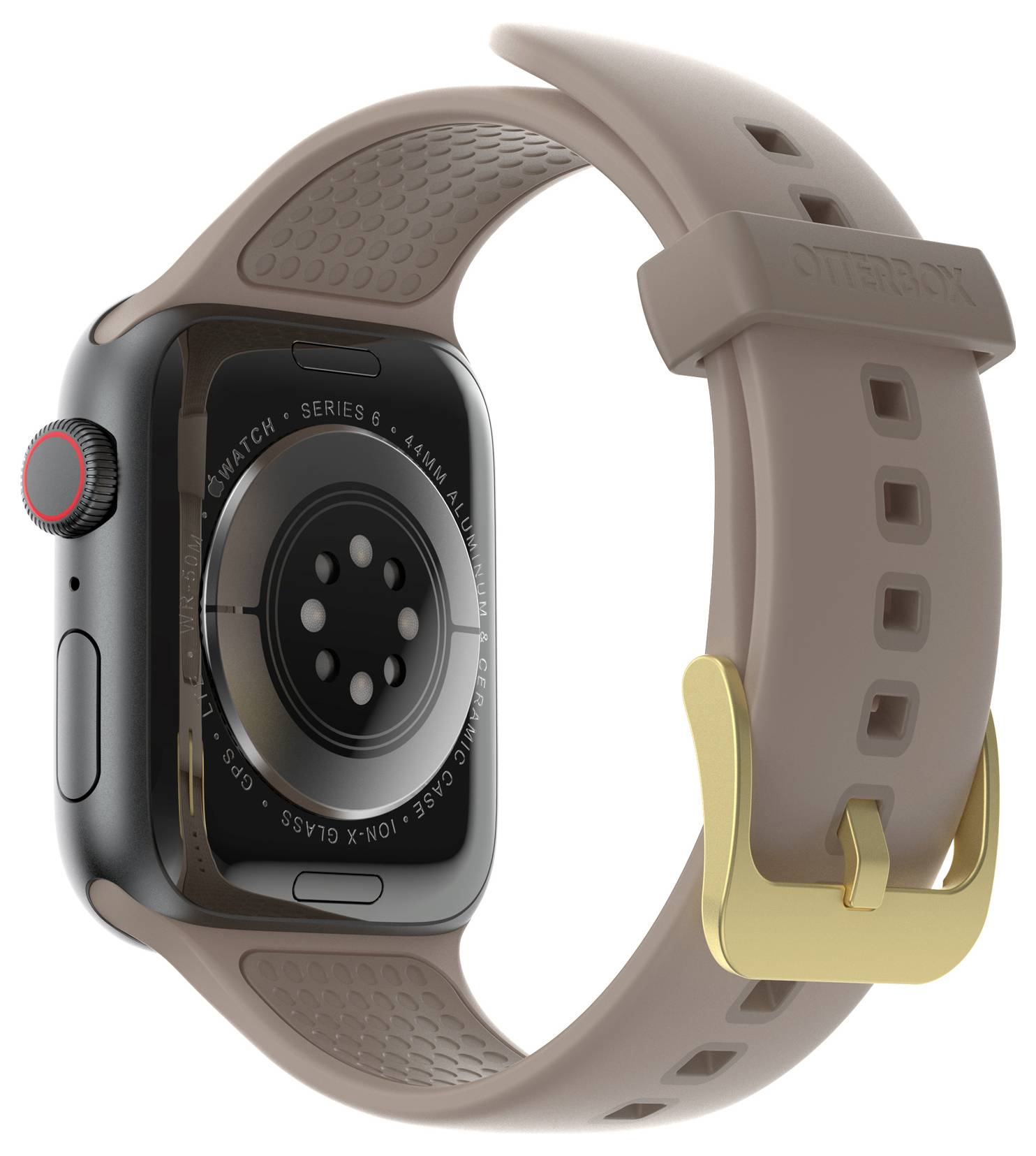 Smartwatch z brązowym paskiem, czarną obudową i kilkoma czujnikami z tyłu do monitorowania zdrowia.
