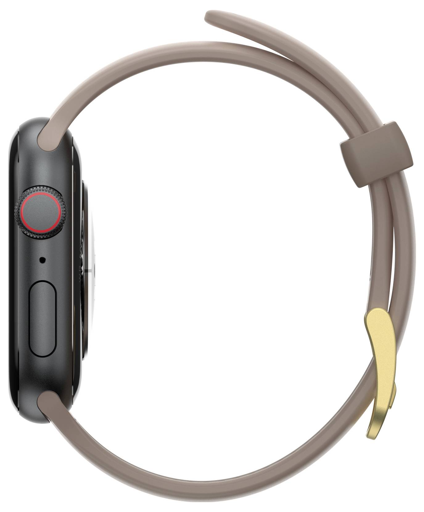 Smartwatch z jasnordzawym paskiem, widok z boku. Prezentuje nowoczesny design z dużym przyciskiem po lewej stronie.