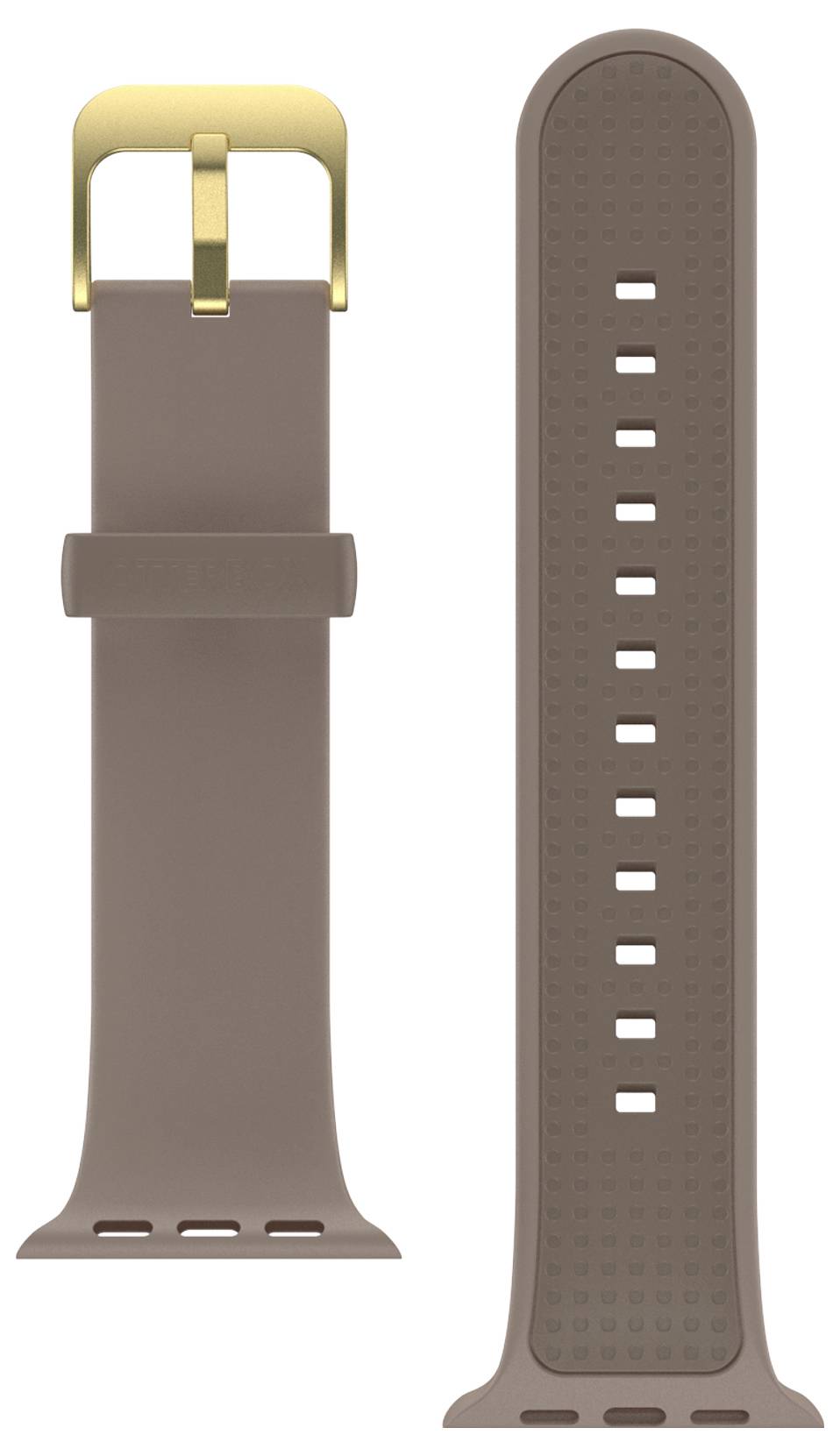 Brązowa, klejona opaska z złotą klamrą. Odpowiednia do zegarka lub podobnego urządzenia, z wieloma możliwościami regulacji.