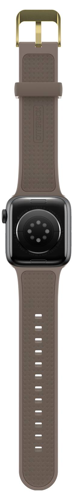 Nowoczesny smartwatch z brązowym paskiem i czarną obudową, sfotografowany w pozycji pionowej, z złotą klamrą i widocznym tyłem zegarka.