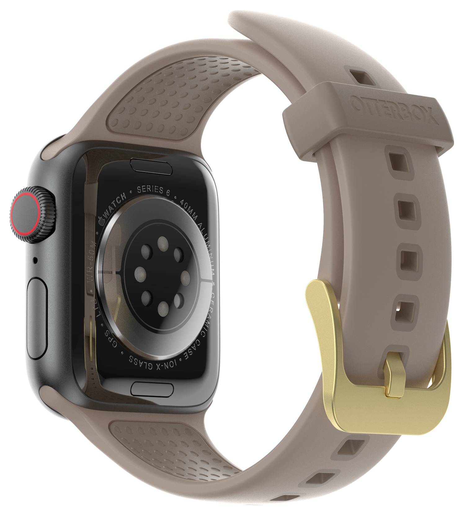 Smartwatch z brązowym paskiem i złotą klamrą, pokazana od tyłu z widocznymi sensorami.