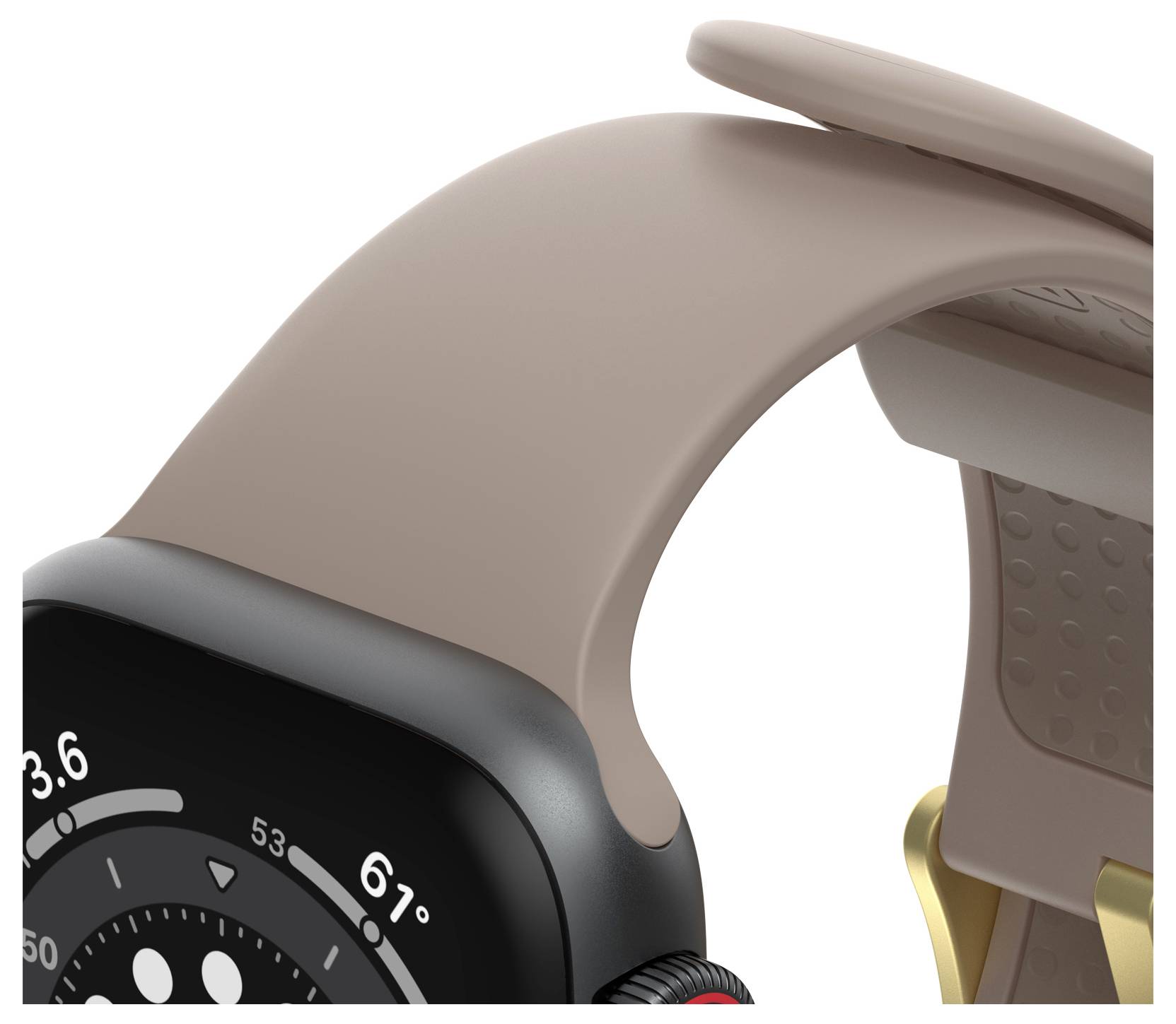 Zbliżenie smartwatcha z brązowym paskiem, pokazujące wyświetlacz z tarczą zegarka i ikonkami aplikacji.