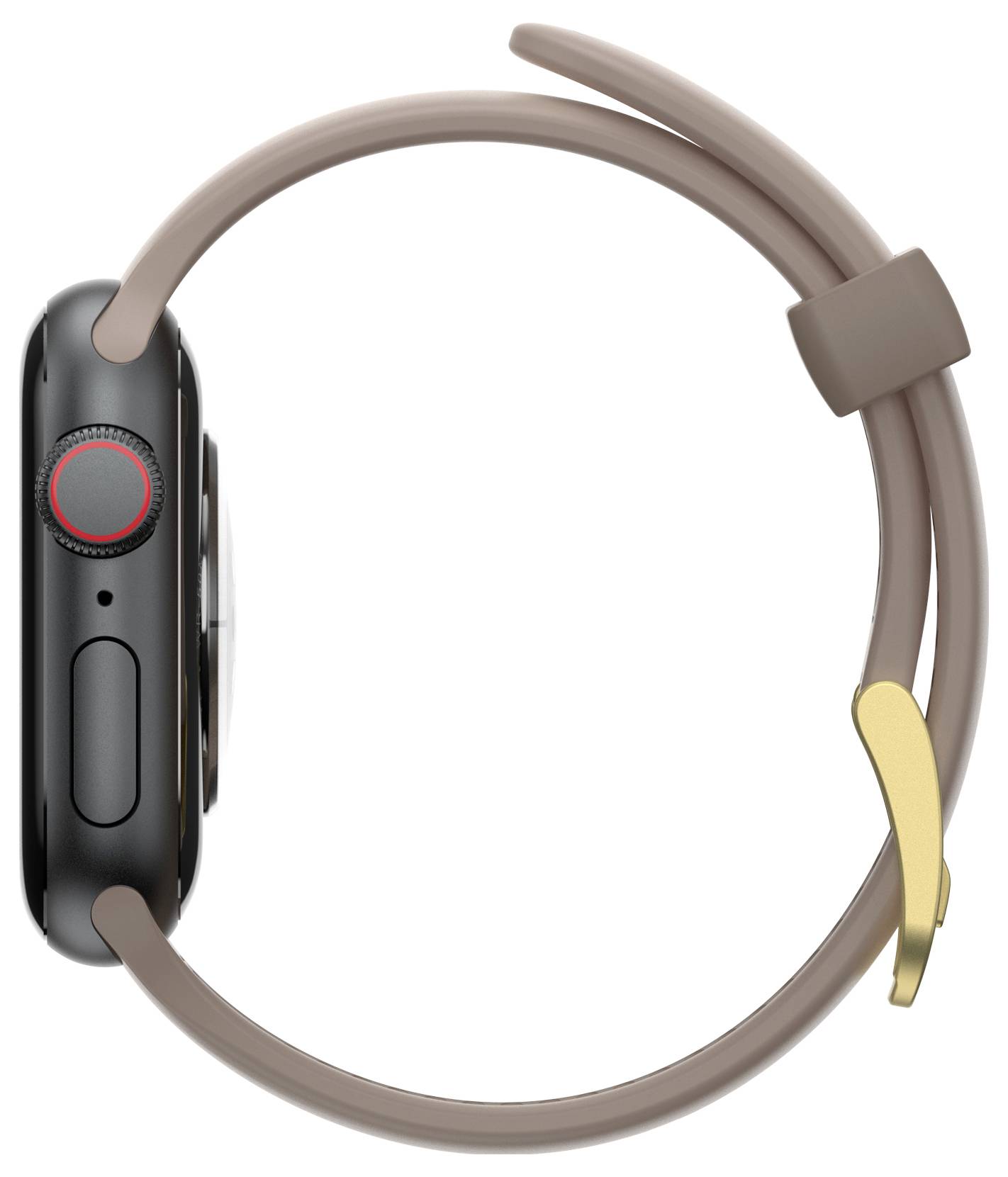 Smartwatch w profilu z brązowym paskiem i złotą klamrą. Koperta jest czarna z czerwonym akcentem.