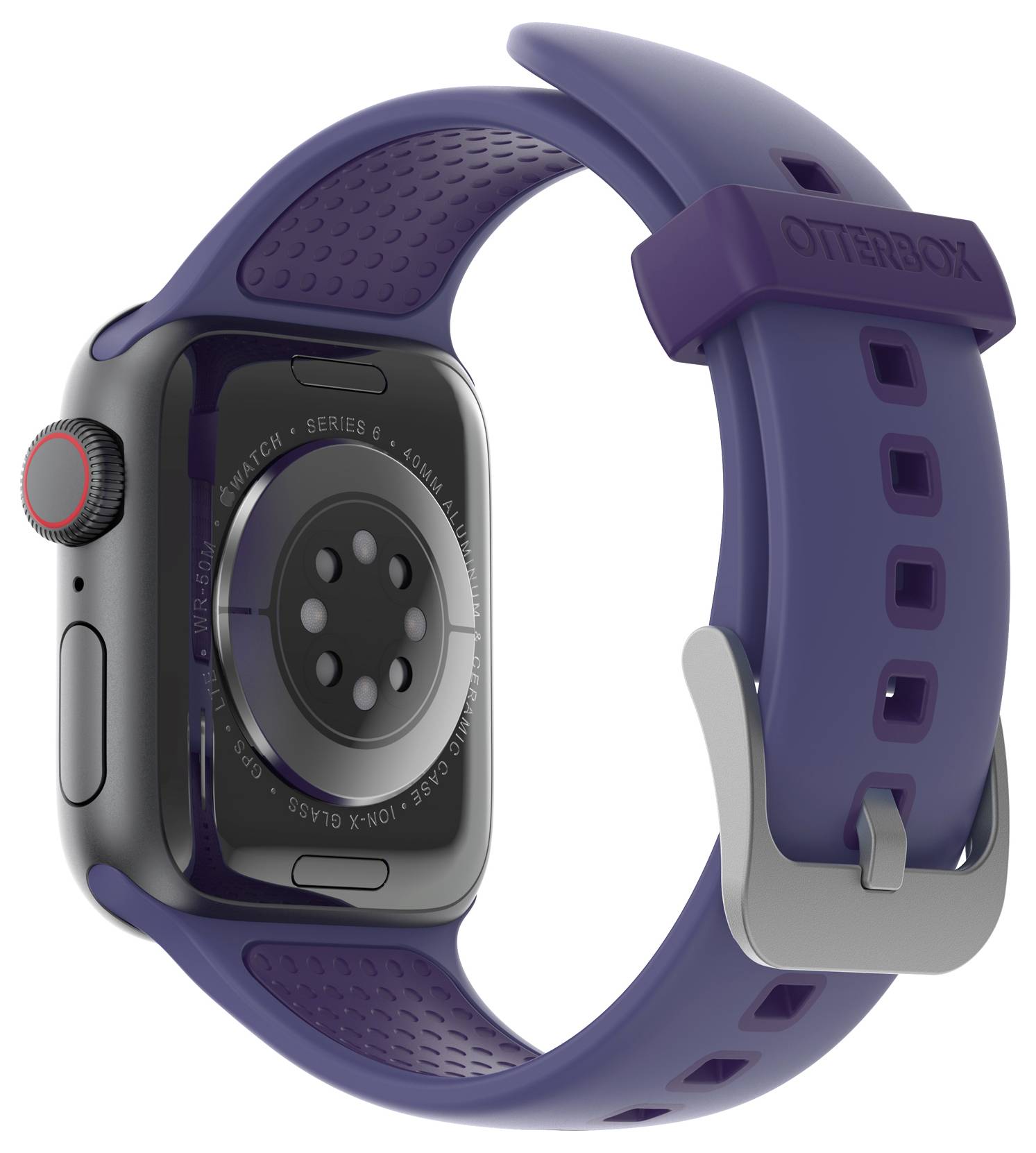 Smartwatch z ciemnoniebieskim paskiem, czarną obudową i czerwonym przyciskiem z boku, widziana od tyłu.