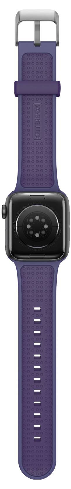 Cyfrowy zegarek na rękę z prostokątnym wyświetlaczem, czarną obudową i fioletowym paskiem. Zegarek jest wyłączony.