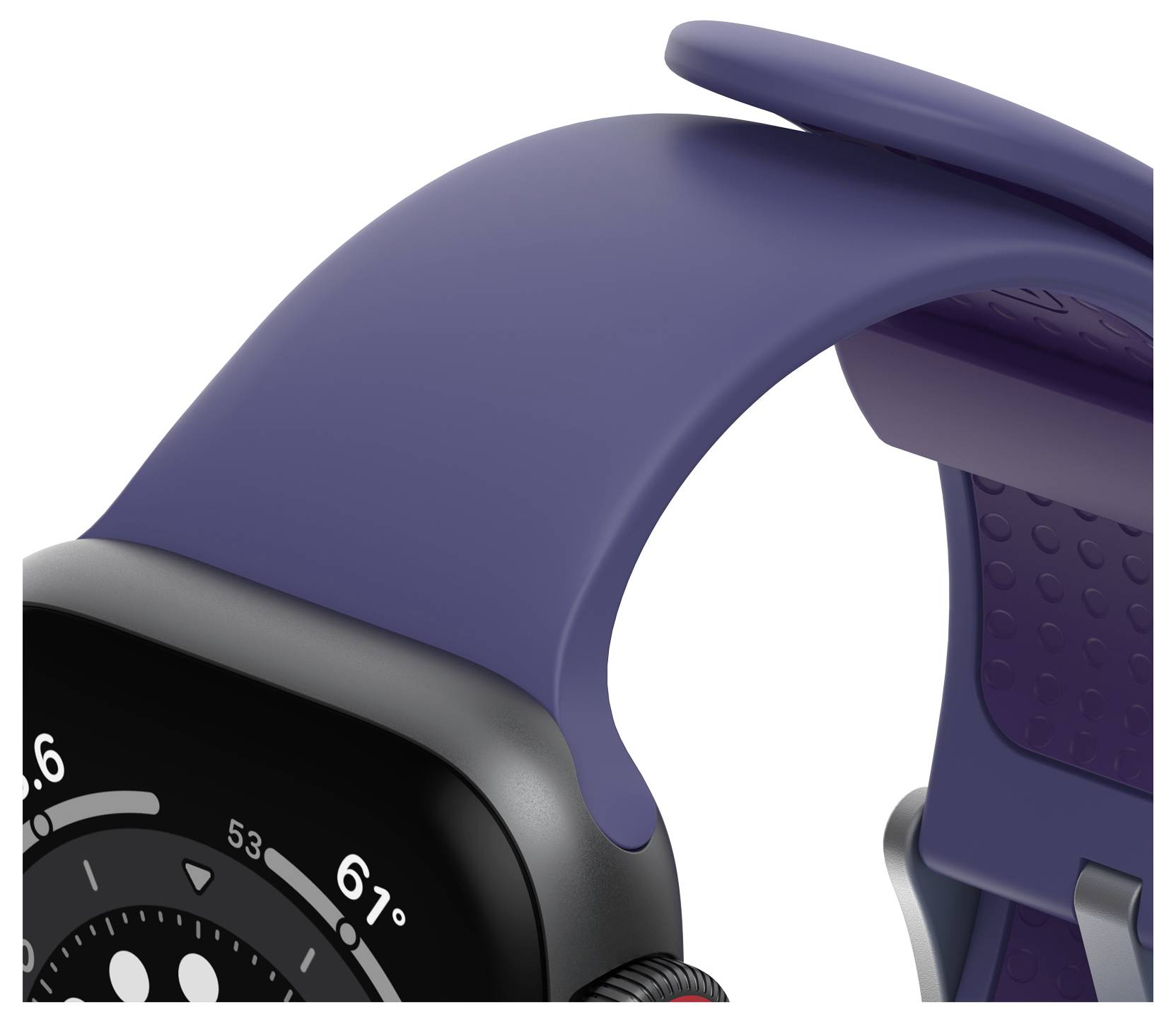 Zbliżenie smartwatcha z fioletowym paskiem, którego okrągła tarcza wyświetla różne wskaźniki sensoryczne.