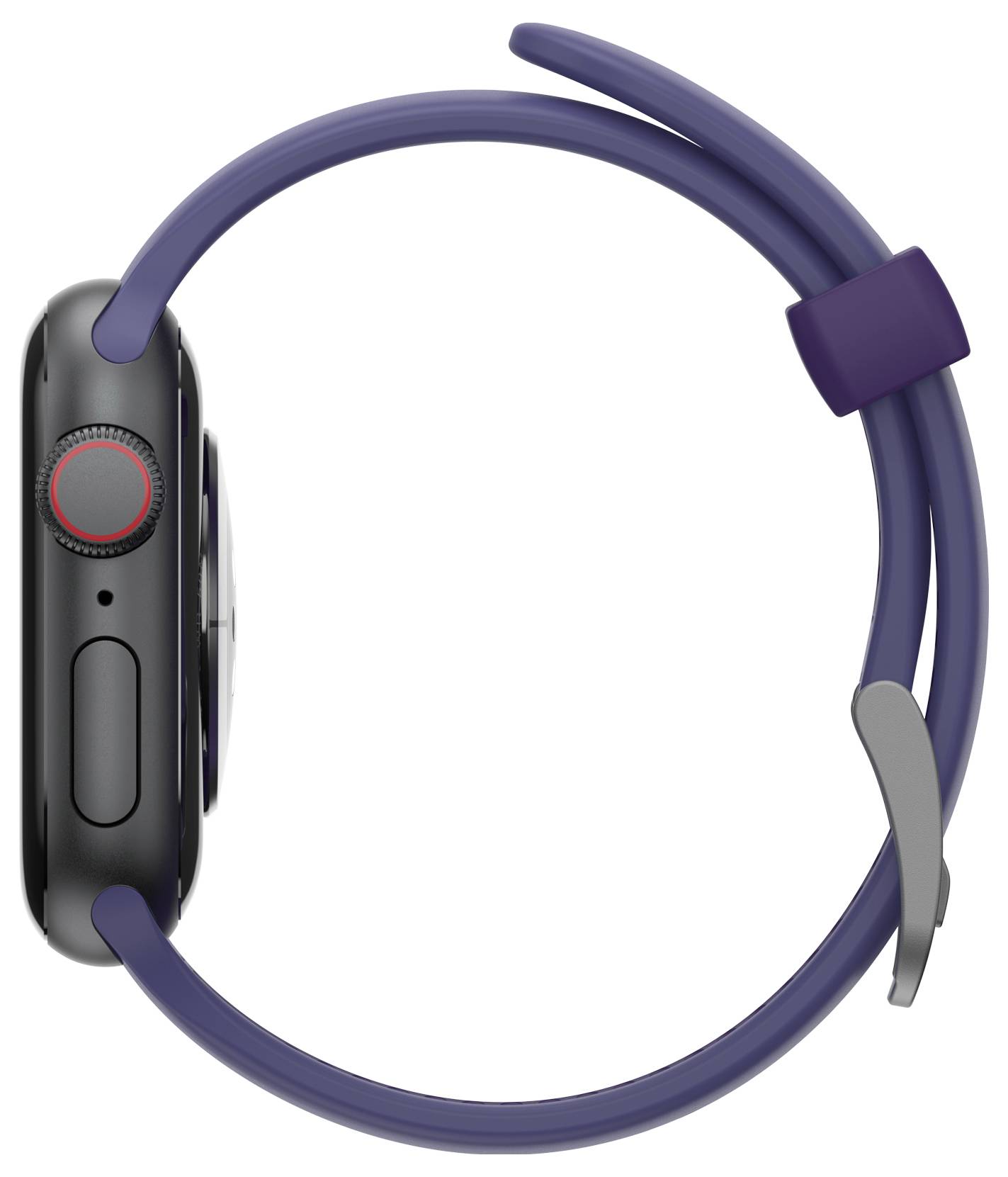 Smartwatch z boku, z fioletowym paskiem. Korona i przycisk są widoczne. Projekt jest smukły i nowoczesny.