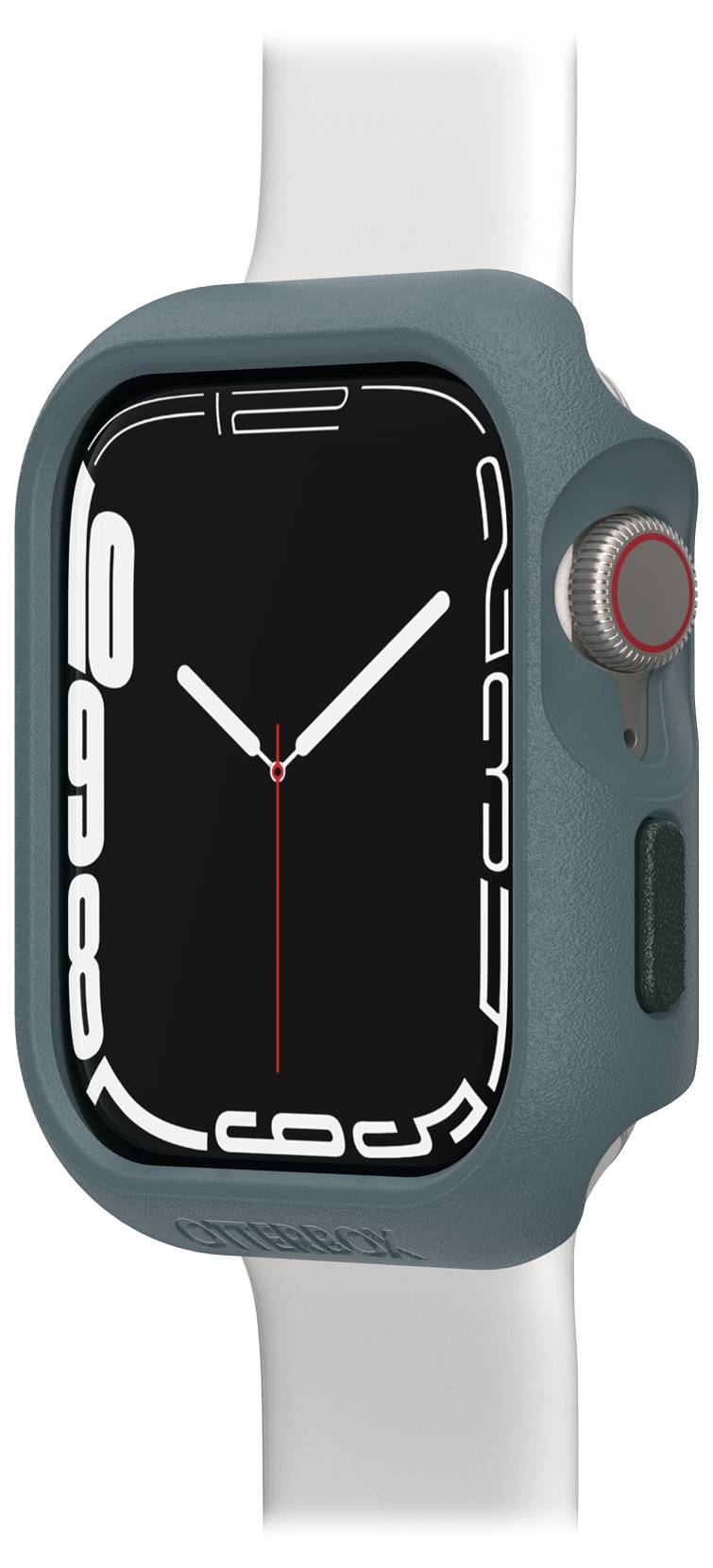 Smartwatch z czarną tarczą, białymi futurystycznymi cyframi oraz niebieską kopertą na białym pasku.