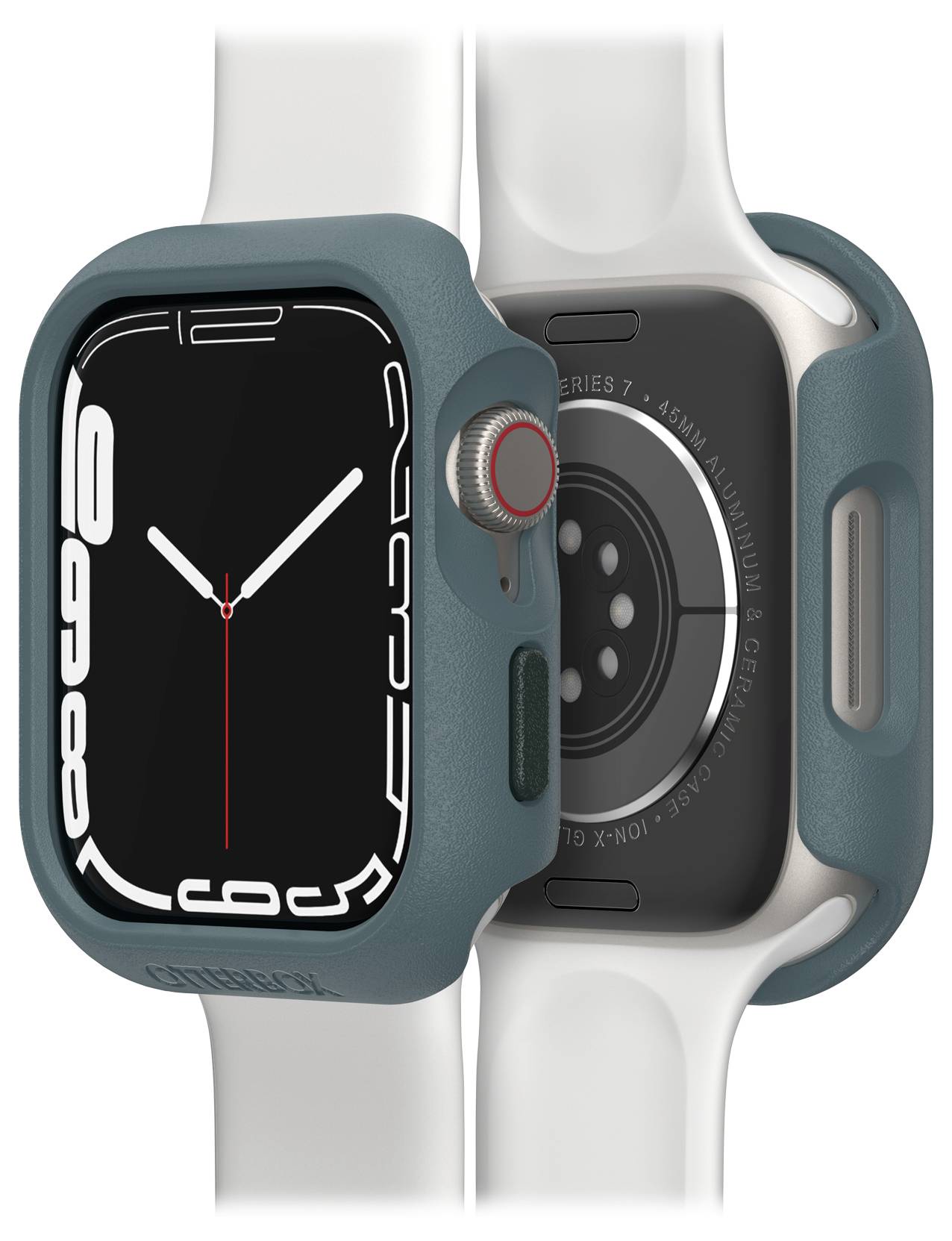 Smartwatch z prostokątną tarczą, niebieską obudową i białym paskiem. Wyświetla analogowy czas. Na tylnej stronie widoczne są czujniki.