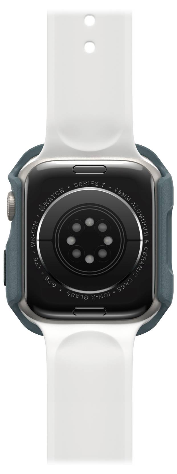 Smartwatch z białym paskiem i czarną tylną obudową, prezentująca sensory na odwrocie.