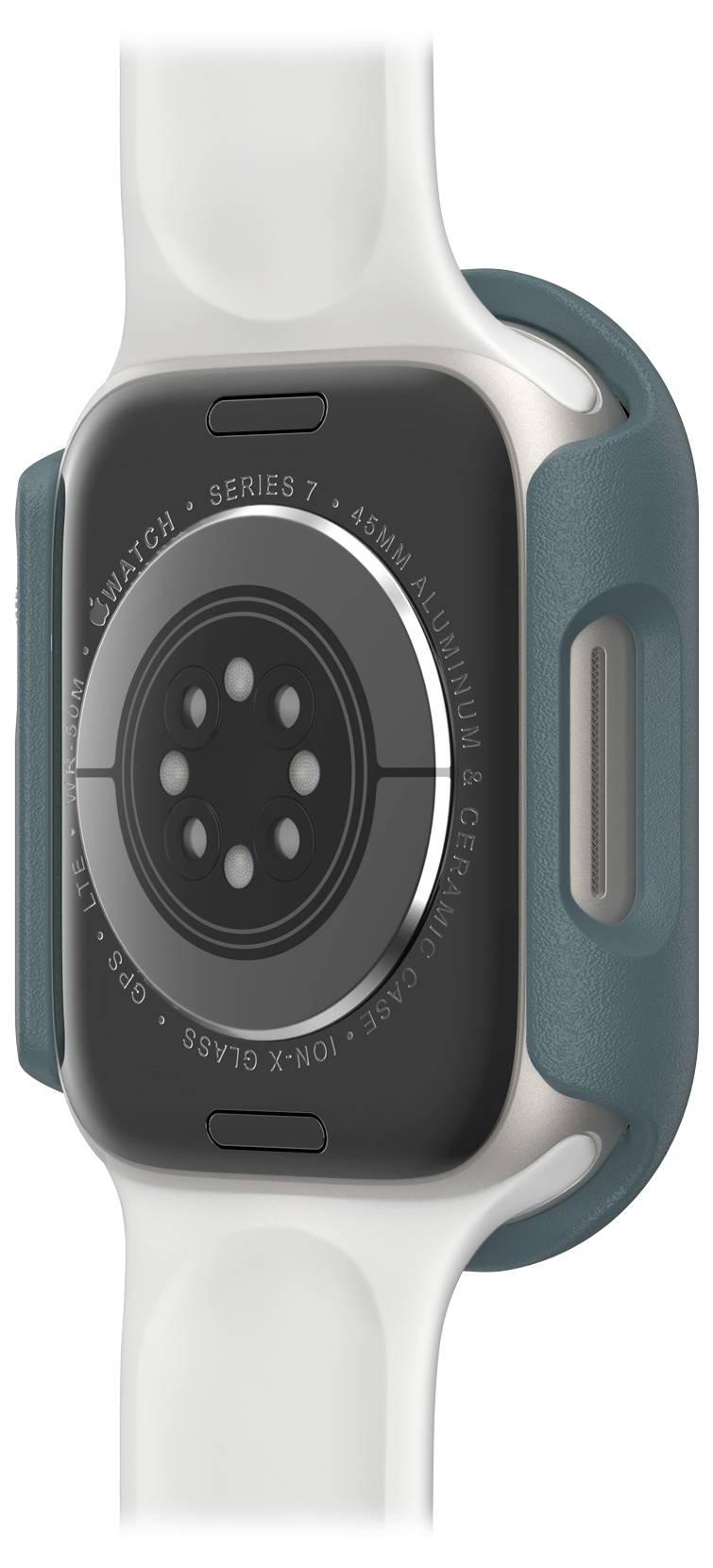 Smartwatch z białym paskiem i szarą obudową ochronną. Tylna strona ukazuje czujniki i wytłoczenie 'Series 7'.